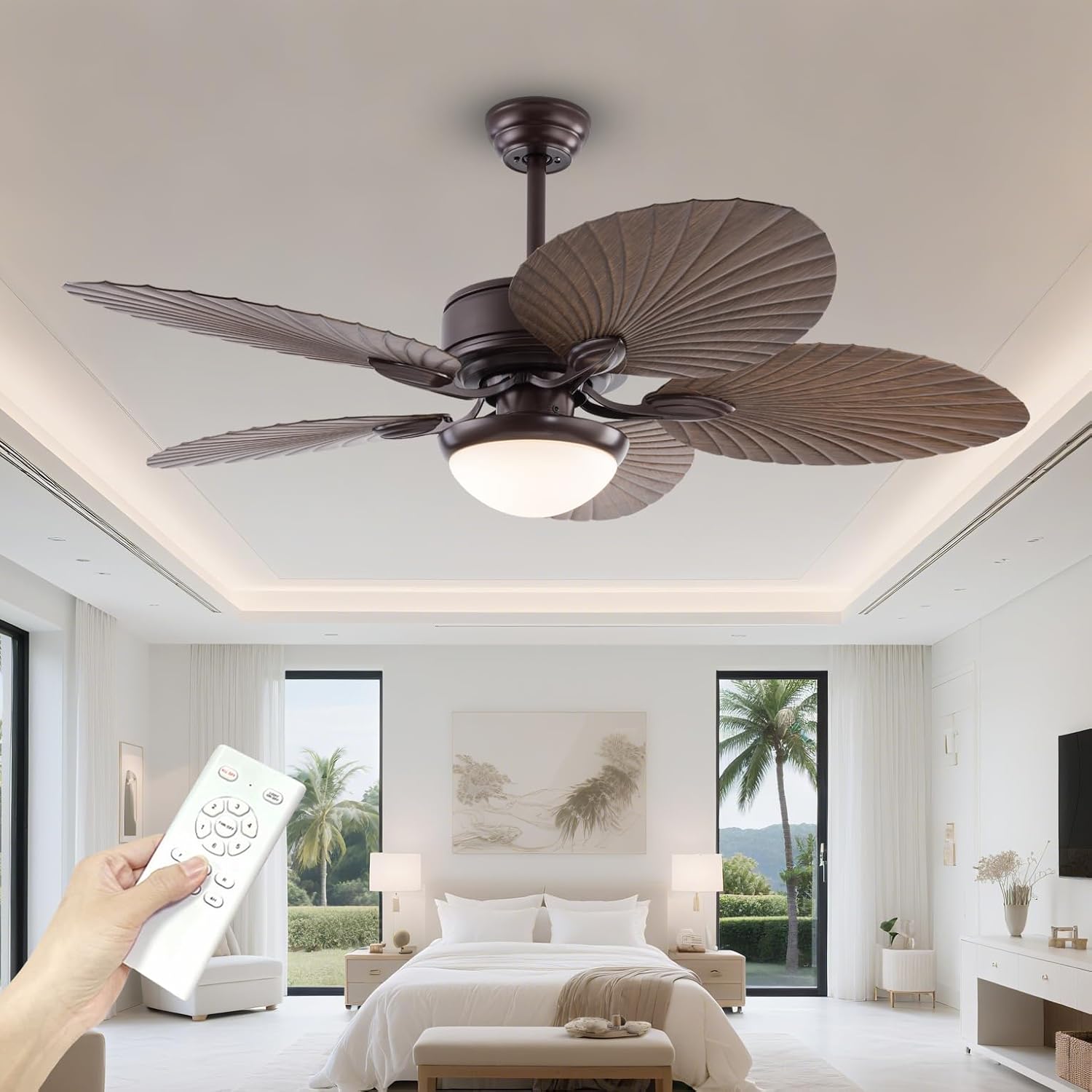 52 Inch Tropical Palm Leaf Ceiling Fan with Light and Remote, Indoor/Outdoor Ceiling Fan with Reversible Quiet DC Motor, Dimmable LED Light, 6 Speeds, for Patio, Porch, Living Room, Bedroom