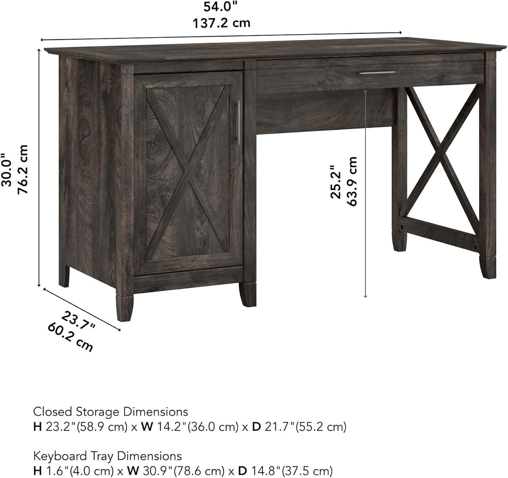 Bush Home Key West Computer Desk with Storage | Farmhouse PC Table for Home Office in Dark Gray Hickory | 54W x 24D