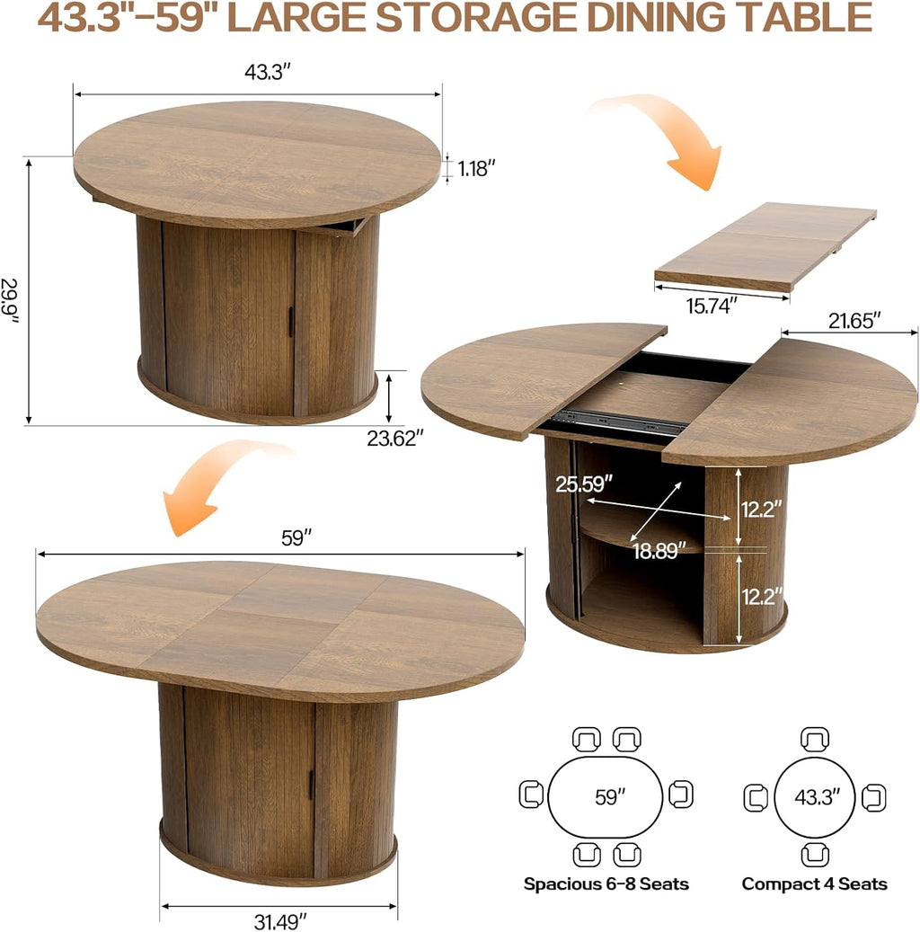 43-59 inch Extendable Round Dining Table with 2-Tier Hidden Storage Shelf,Space Saving Wood Kitchen Table for Small Spaces, Seats 4-6, Mid-Century Modern Oval Design, Brown