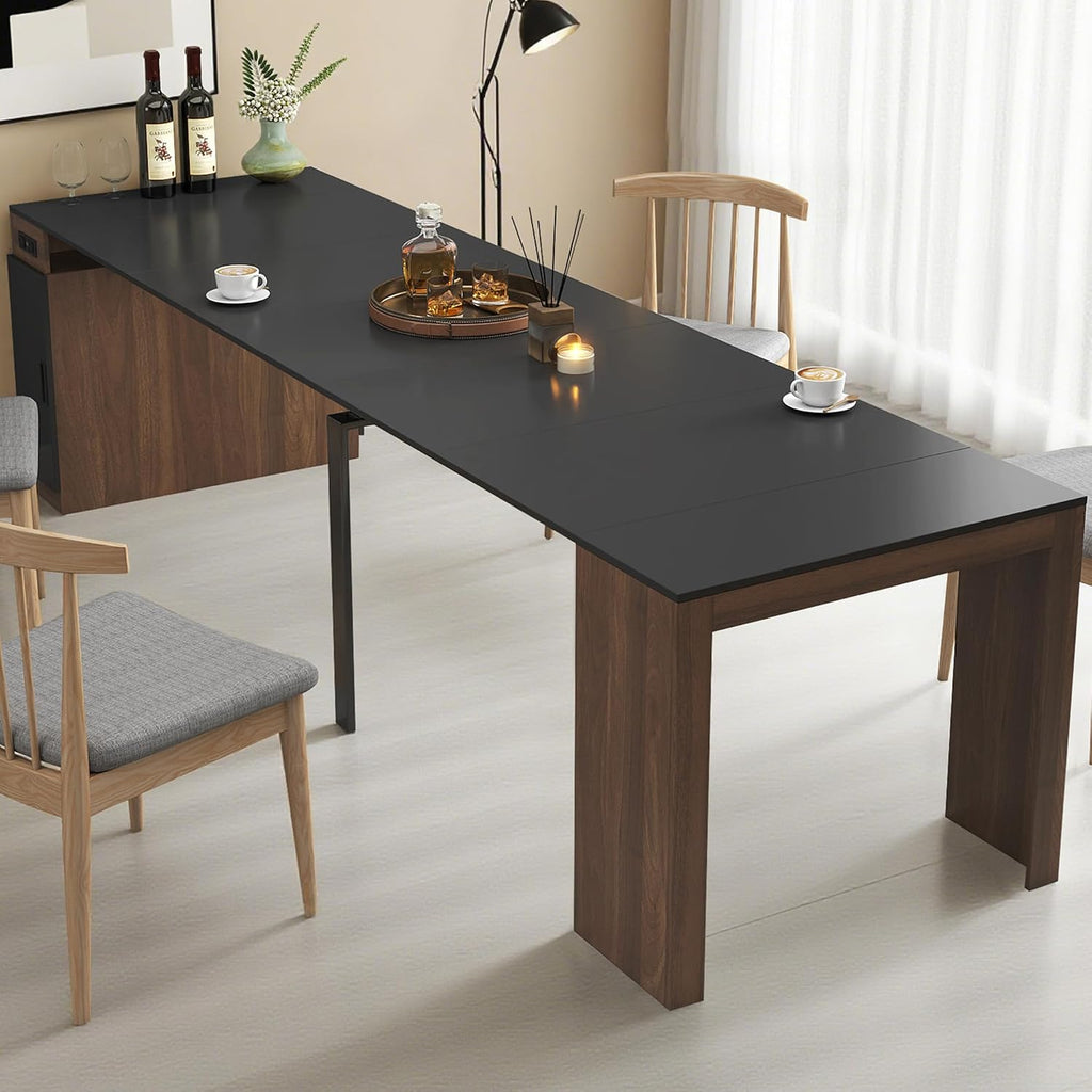 24''- 118'' Extendable Dining Room Table, Expandable Dining Table, Modern Large Table, for 2-12 Person(with Cabinet & Outlet), Black