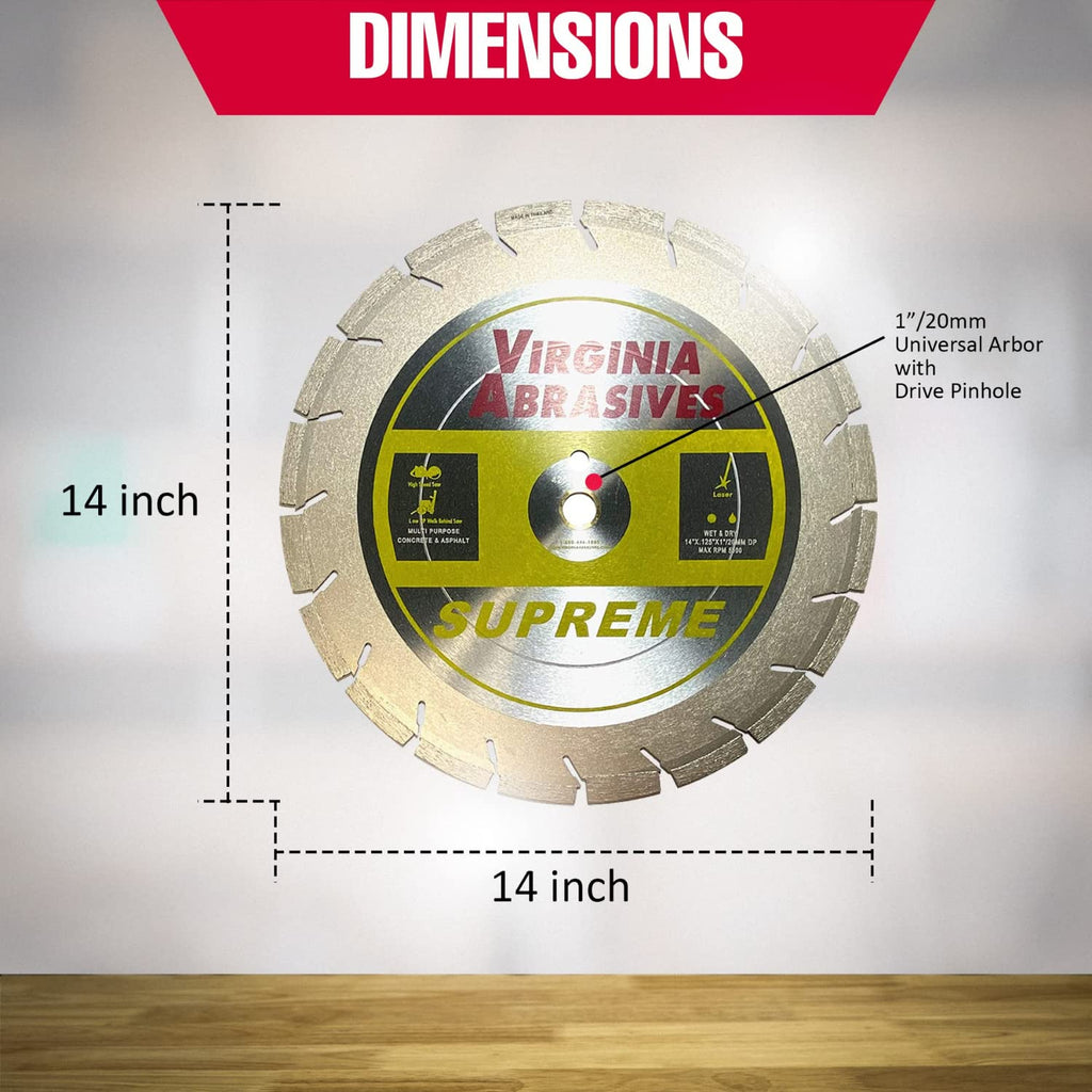 Virginia Abrasives 425-03074 - 1pc 14' Supreme Pro High Speed Diamond Blade - Concrete/Asphalt Cutter - Wet/Dry, Tough Grit, Asphalt Cutting - Evolutionary Design, 14' x .125'x1'/20mm-10mm Segments