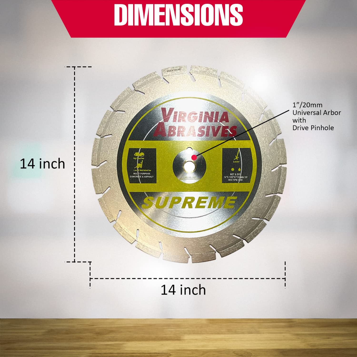Virginia Abrasives 425-03074 - 1pc 14' Supreme Pro High Speed Diamond Blade - Concrete/Asphalt Cutter - Wet/Dry, Tough Grit, Asphalt Cutting - Evolutionary Design, 14' x .125'x1'/20mm-10mm Segments