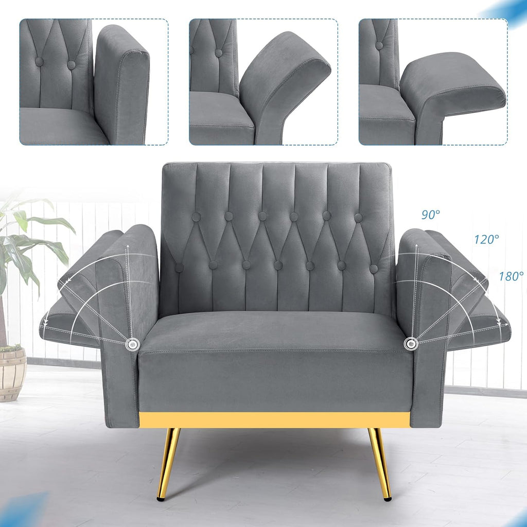 Velvet Accent Chair with Adjustable Armrests and Backrest, Button Tufted Lounge Chair, Single Recliner Armchair with Ottoman and Pillow for Living Room, Bedroom, Grey