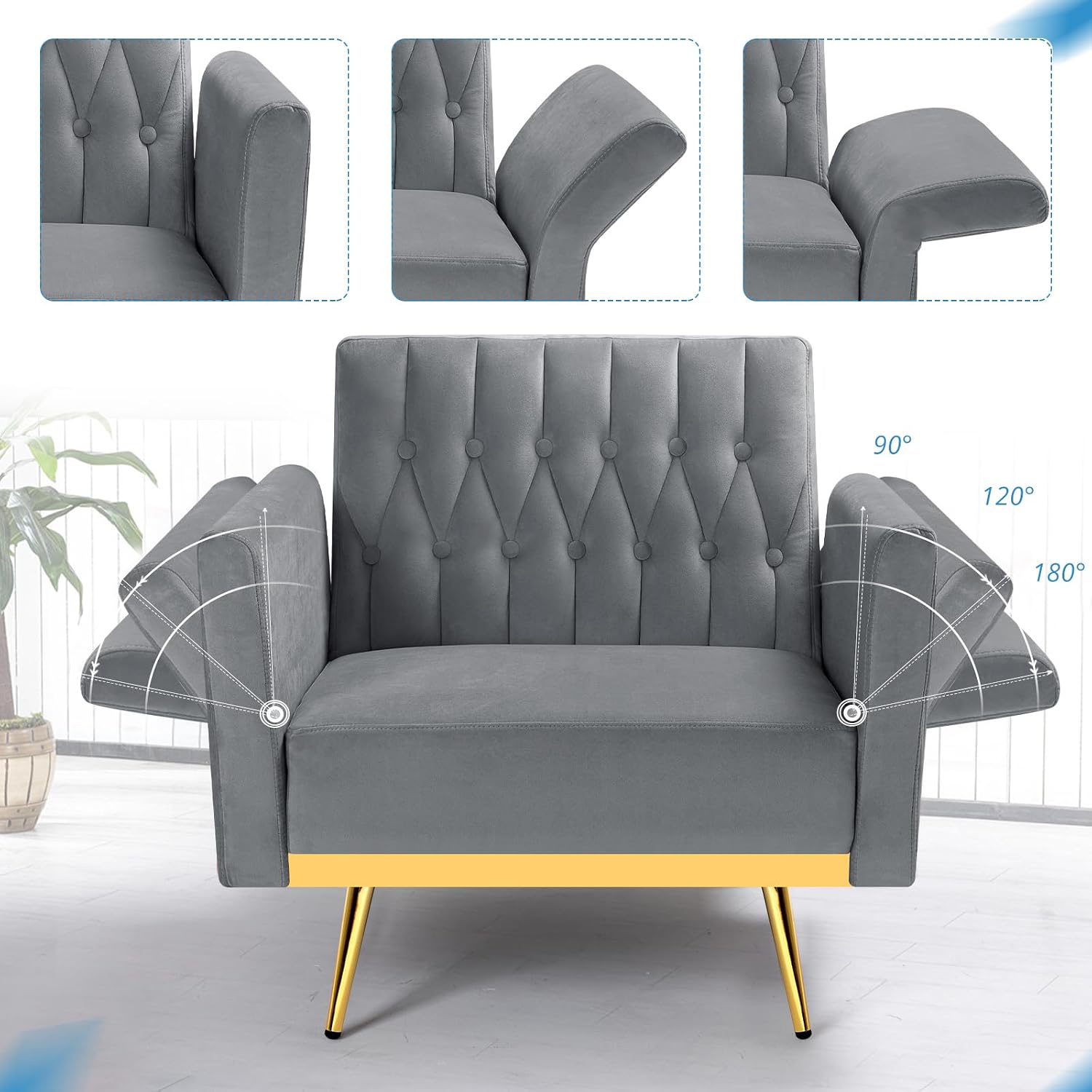 Velvet Accent Chair with Adjustable Armrests and Backrest, Button Tufted Lounge Chair, Single Recliner Armchair with Ottoman and Pillow for Living Room, Bedroom, Grey
