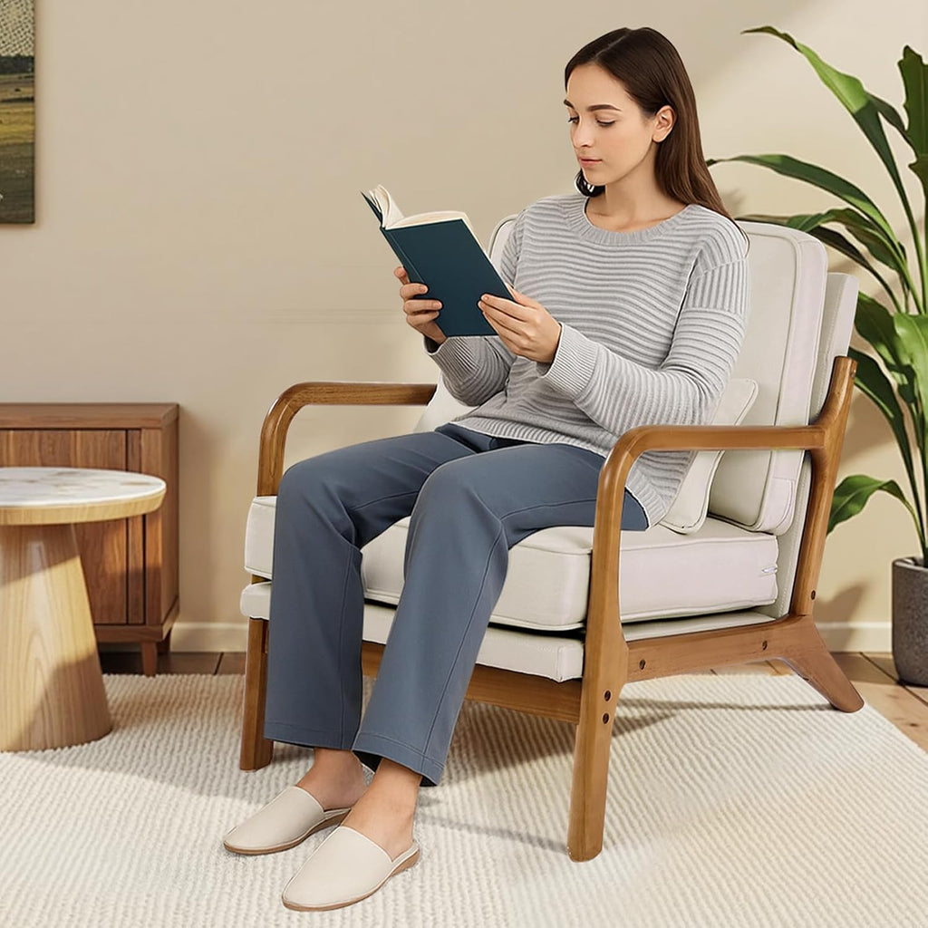 VEVOR Accent Chair, Mid Century Modern Armchair with Solid Wood Frame and Non-Slip Legs, Upholstered Leisure Chair with Linen Fabric and 5.7 in Thickened Cushion, for Living Room, Bedroom, Office
