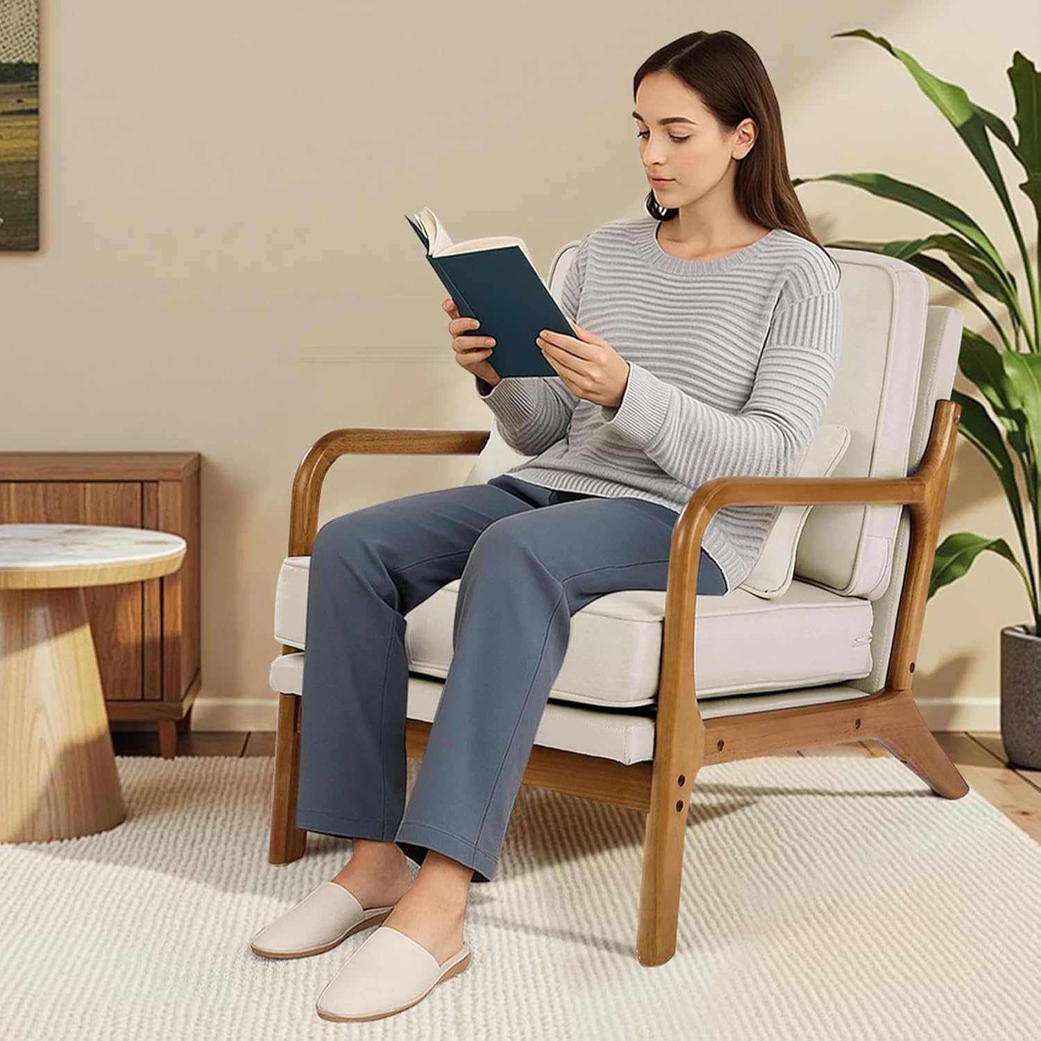 VEVOR Accent Chair, Mid Century Modern Armchair with Solid Wood Frame and Non-Slip Legs, Upholstered Leisure Chair with Linen Fabric and 5.7 in Thickened Cushion, for Living Room, Bedroom, Office
