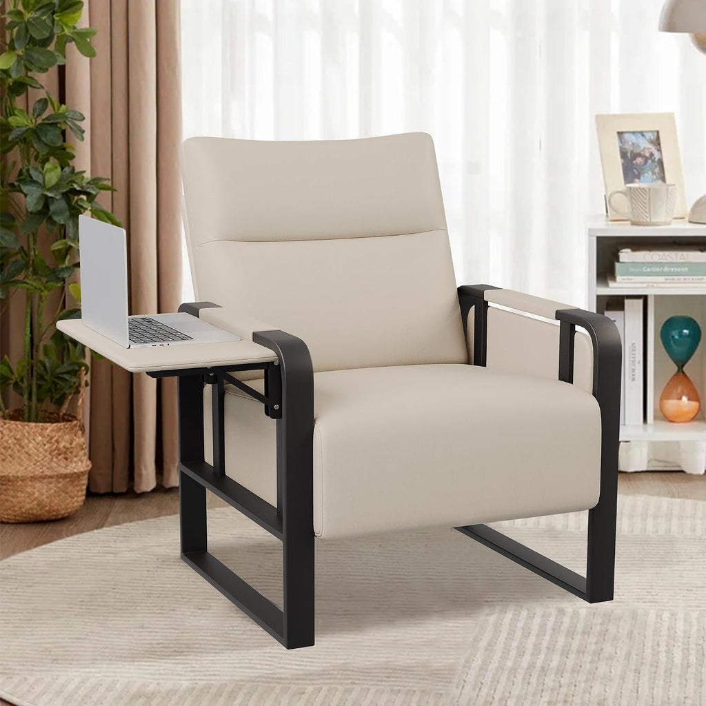 Modern Accent Chair PU Leather Upholstered Armchair with Tray Table for Bedroom Living Room Chairs Office Chair Beige