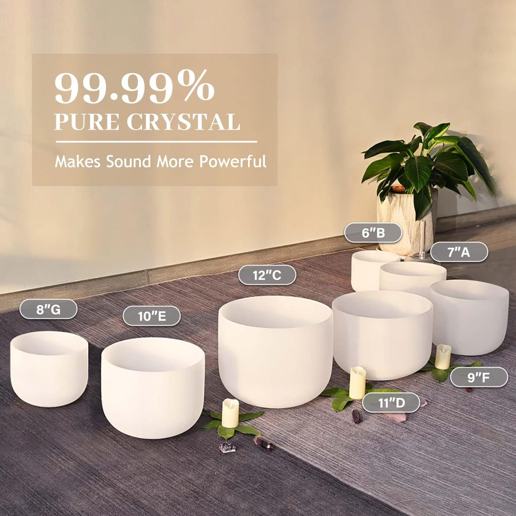CVNC 440HZ 6-12 inch Set of 7 Frosted Chakra Quartz Crystal Singing Bowls For Sound Healing with Heavy Duty Carrying Cases