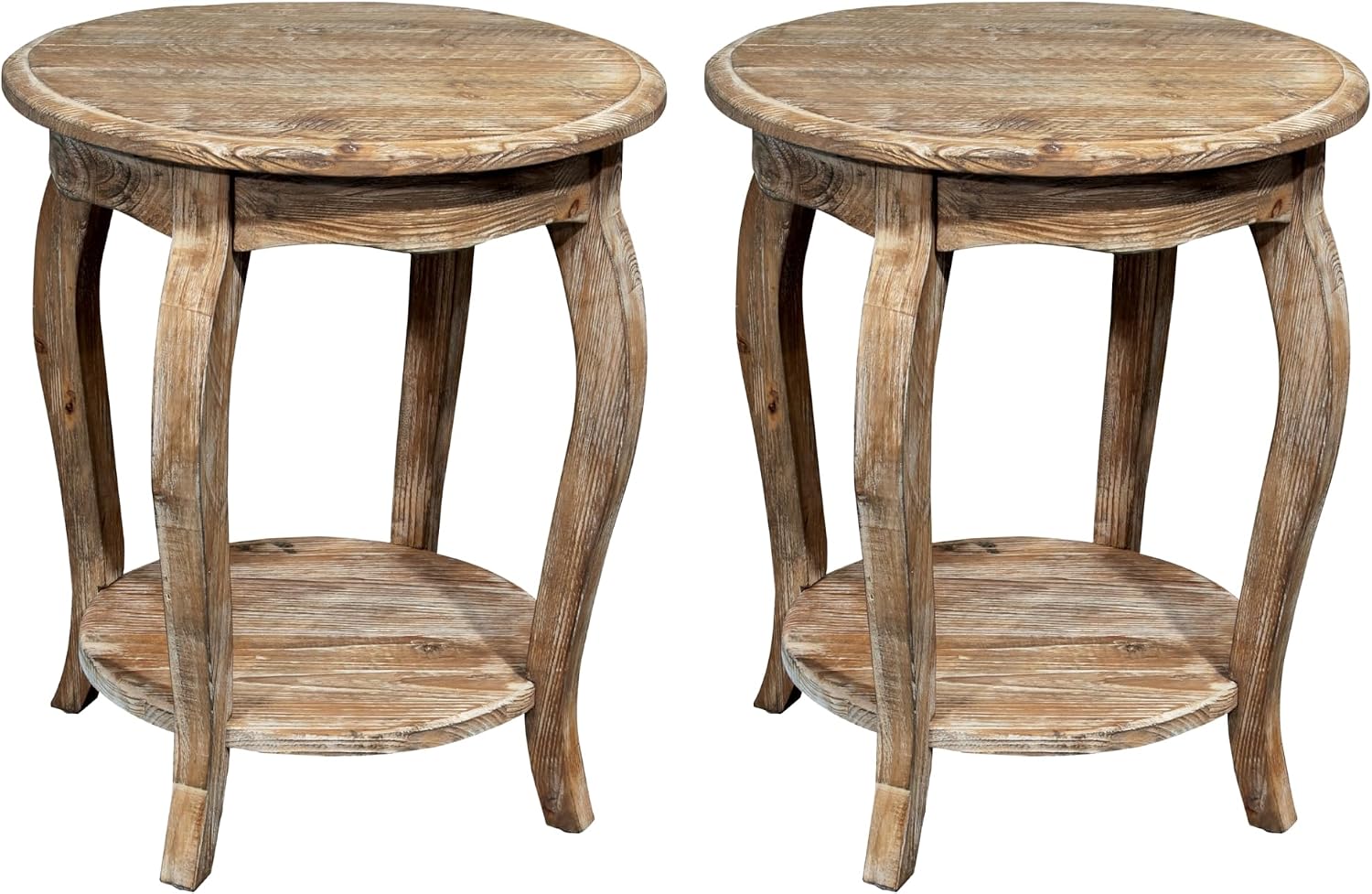 Alaterre Furniture Austerity Living Room Tables – 20-Inch Round Cedar Wood End Table with Curved Legs, Scalloped Edges and Lower Shelf – Rustic Antique Style Accent Table (Driftwood Finish, Set of 2)