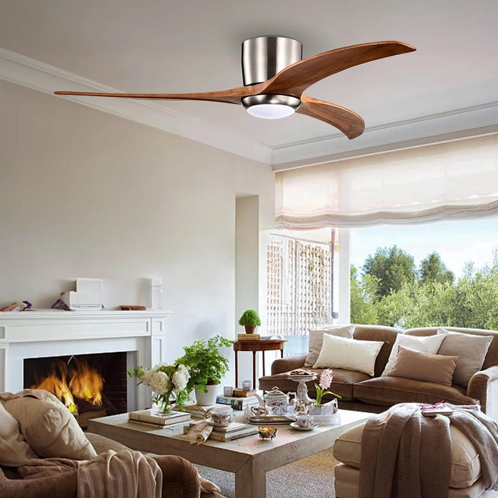 52' Modern Dimmable Chandelier Fan with Light, Low Profile Flush Mount Ceiling Fan Wooden Fandelier with Remote Reversible DC Motor Ceiling Fan for Bedroom Living Room (Nickel)