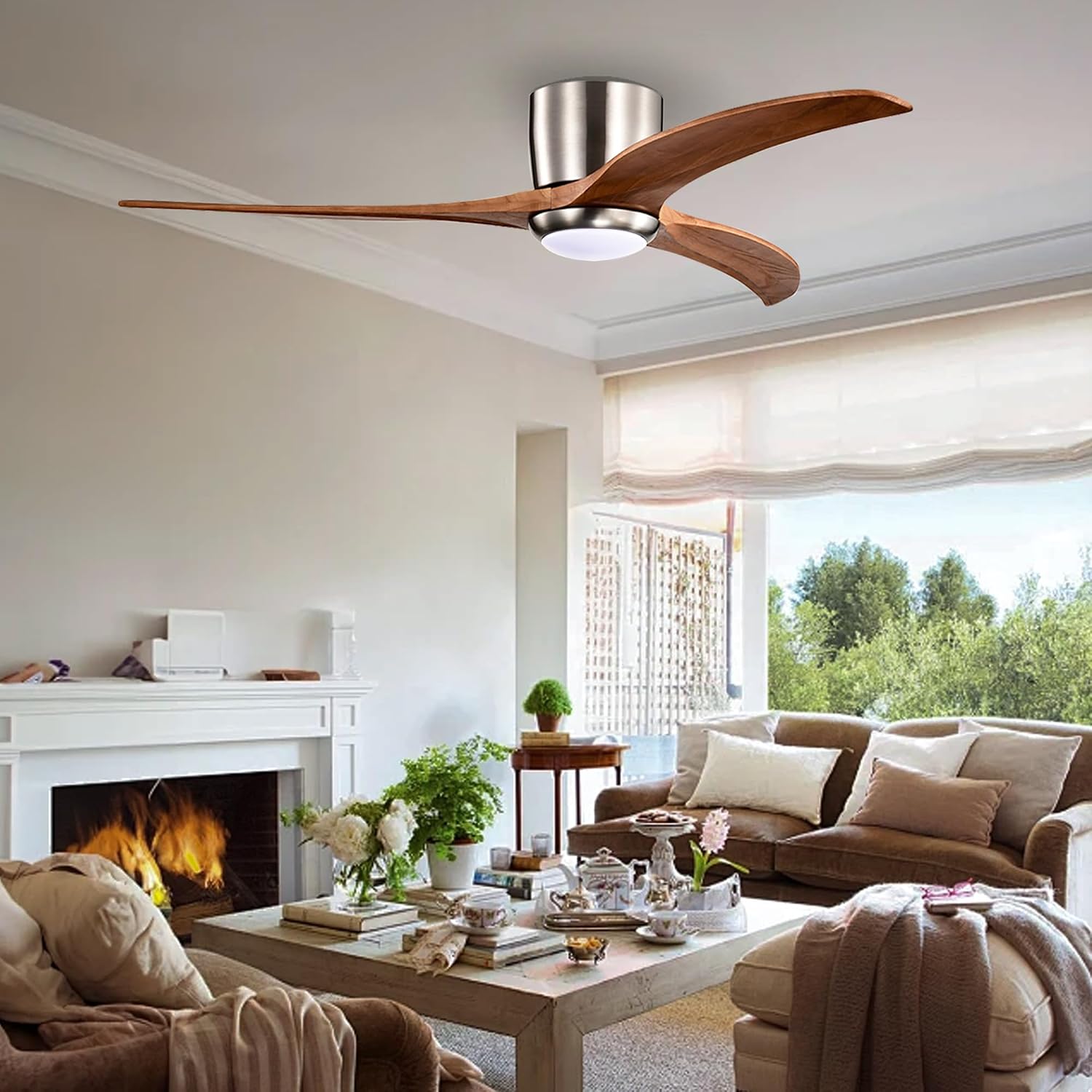 52' Modern Dimmable Chandelier Fan with Light, Low Profile Flush Mount Ceiling Fan Wooden Fandelier with Remote Reversible DC Motor Ceiling Fan for Bedroom Living Room (Nickel)