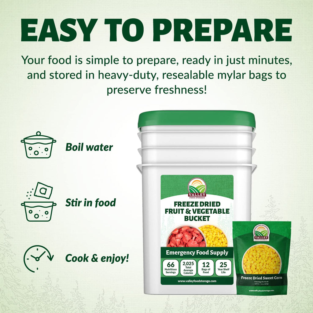 Valley Food Storage Freeze Dried Fruit & Vegetable Bucket | 12 Pouches Variety Pack | Non-GMO Premium Emergency Food Supply, 25 Year Shelf Life | Prepper Food Supplies for Camping & Long-Term Storage