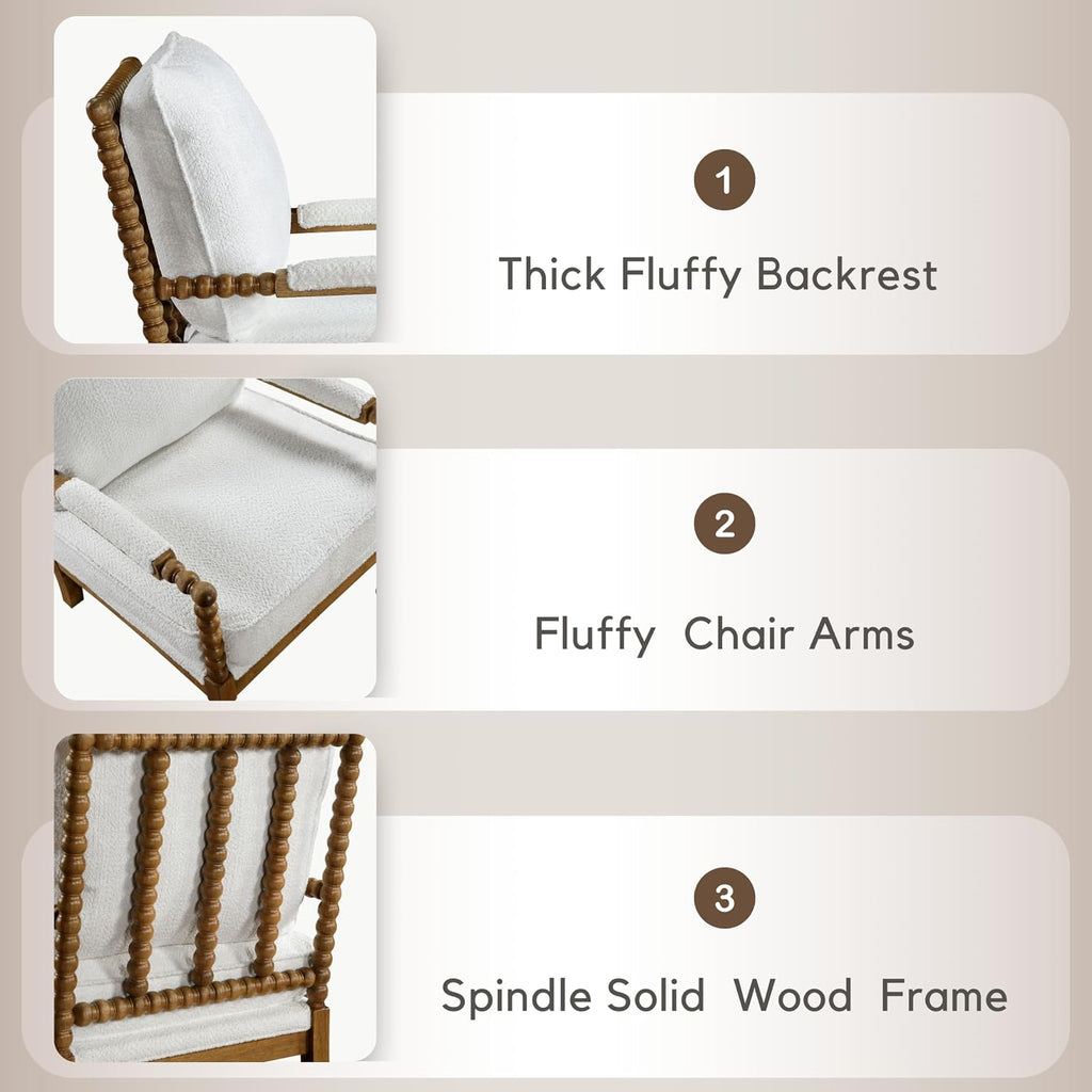 Furniture of America Dedee Mid Century Modern Boucle Fabric Accent Chair with Arms, Wide Spindle and Solidwood Legs for Living Room, Bedroom, Reading Corner, Home Office, Light Oak and White