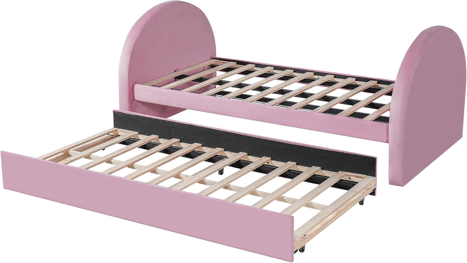 Christopher Knight Home Leonhart Velvet Upholstered Twin Size Bed Frames with Headboard/Footboard, Day Bed Frame Twin with Pull-Out Functionality, Iron Frame + Wooden Slat Trundle Bed Twin, Pink