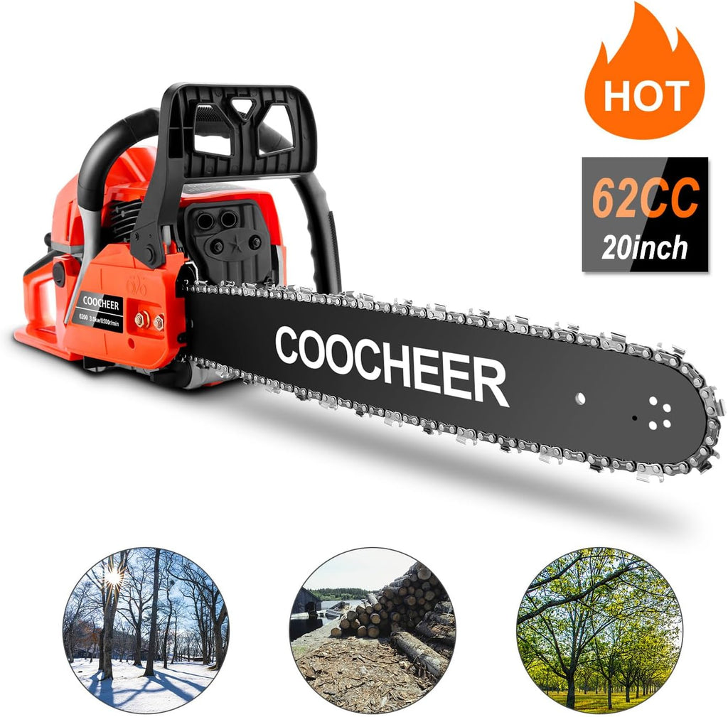 COOCHEER Gas Chainsaw 20 Inch 62CC Gasoline Powered Chain Saws 12000r/min 3.5HP 2 Stroke Cordless Gas Power Chain Saw for Tree Cutting Wood, Home Farm Garden Tools
