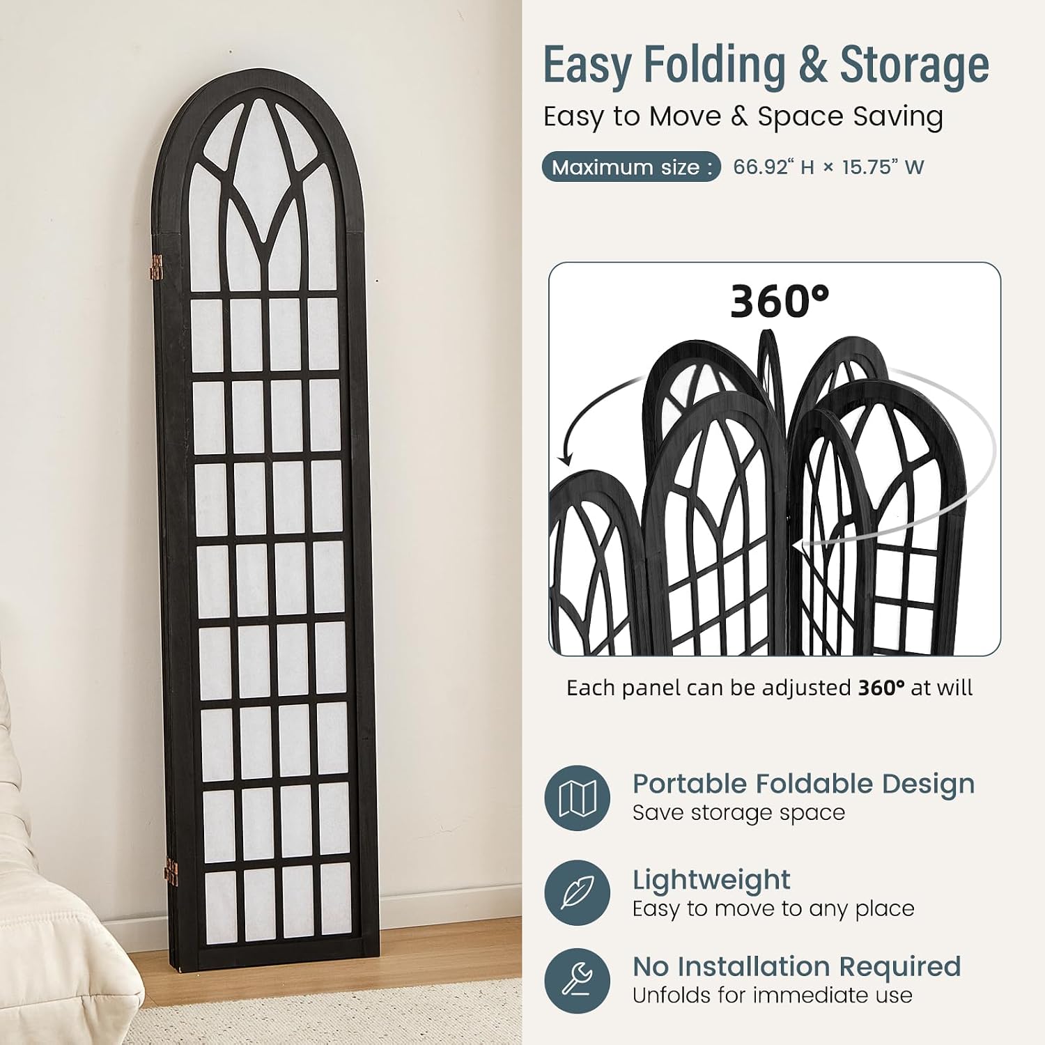 Room Divider and Folding Privacy Screen, 4 Panel Japanese Shoji Style Room Divider, Partition Divider for Room Separation, Portable Decoration Screen for Home Office Restaurant - Black