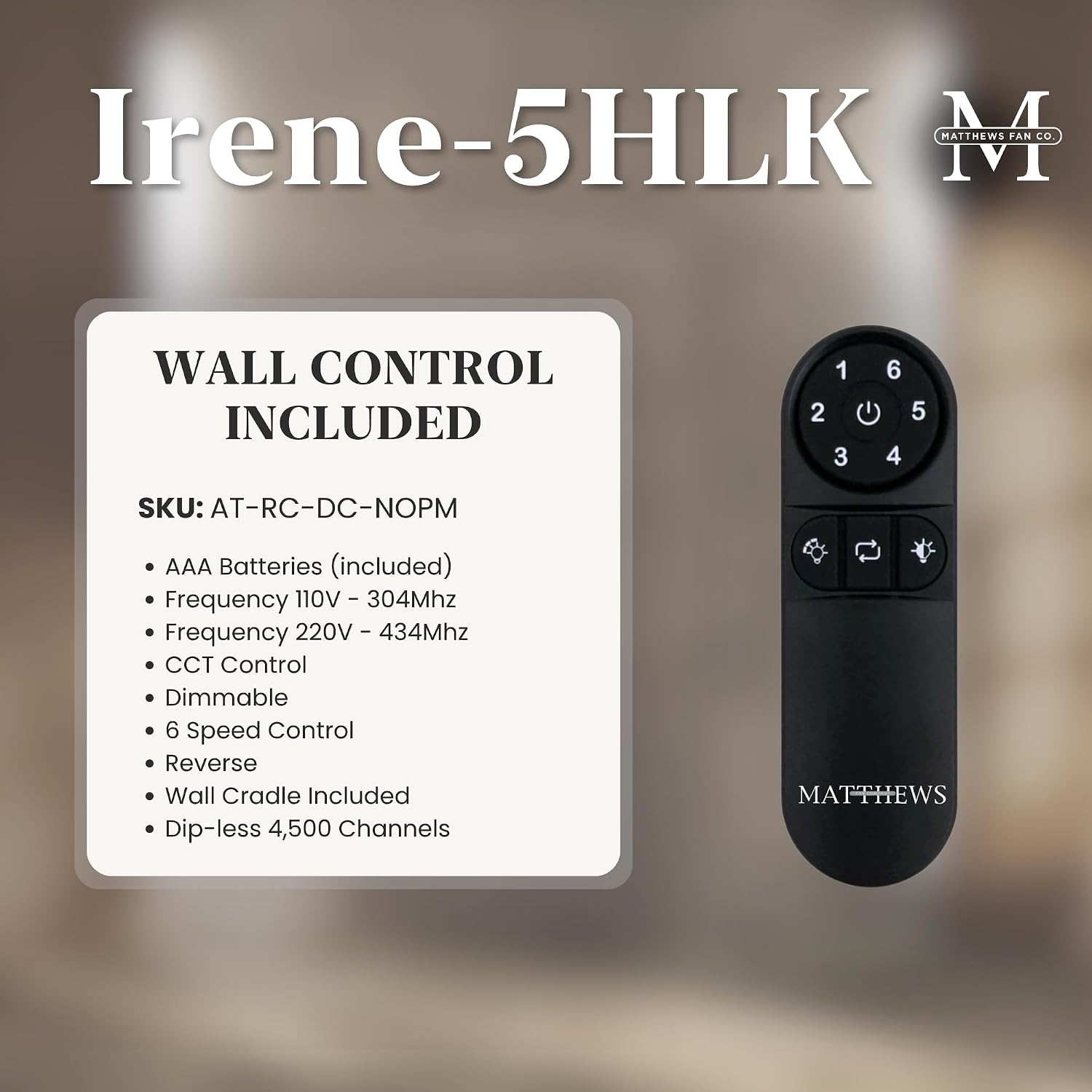 Matthews IR5HLK-BK-WA-42 Irene Damp Rated 42' Flush Mount Ceiling Fan with Light and Remote & Wall Control, Silent DC Motor, 5 Solid Wood Blades, Matte Black with Walnut Tone