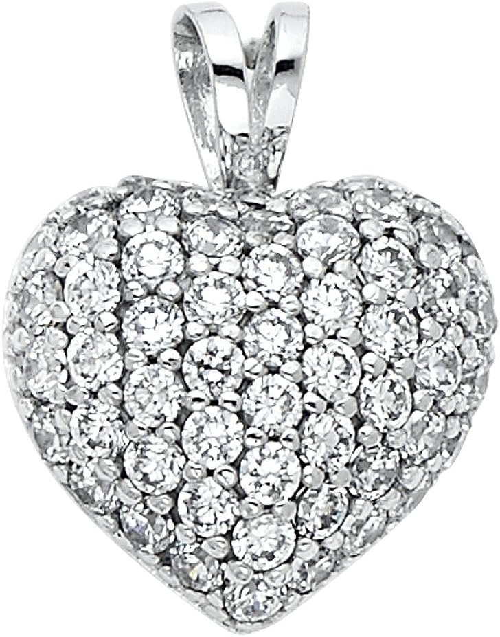 14k White Gold Love Heart CZ Pendant with 1.1mm Cable Chain Necklace