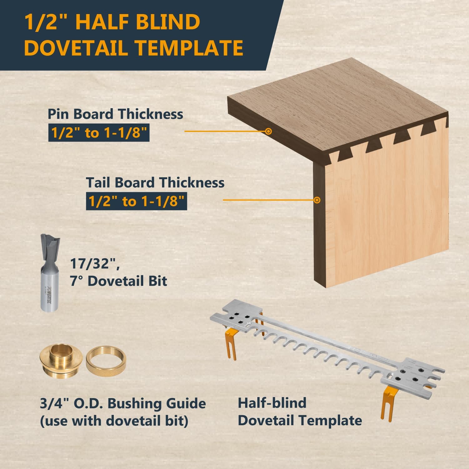 POWERTEC 12 Inch Dovetail Jig with Templates, Router Bits, and Guide Bushing - For Cutting Half-Blind & Through Dovetails, Box Joints, and Dados On Woodworking & DIY Projects (72069)