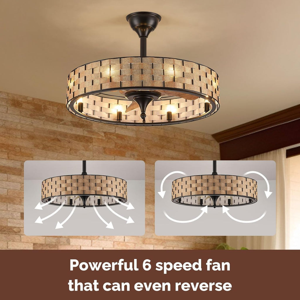 Orison 24' Caged Ceiling Fan with Lights, 2 Ways Control(App&Remote Control), Light Kit Included(8 Bulbs), Modern Farmhouse