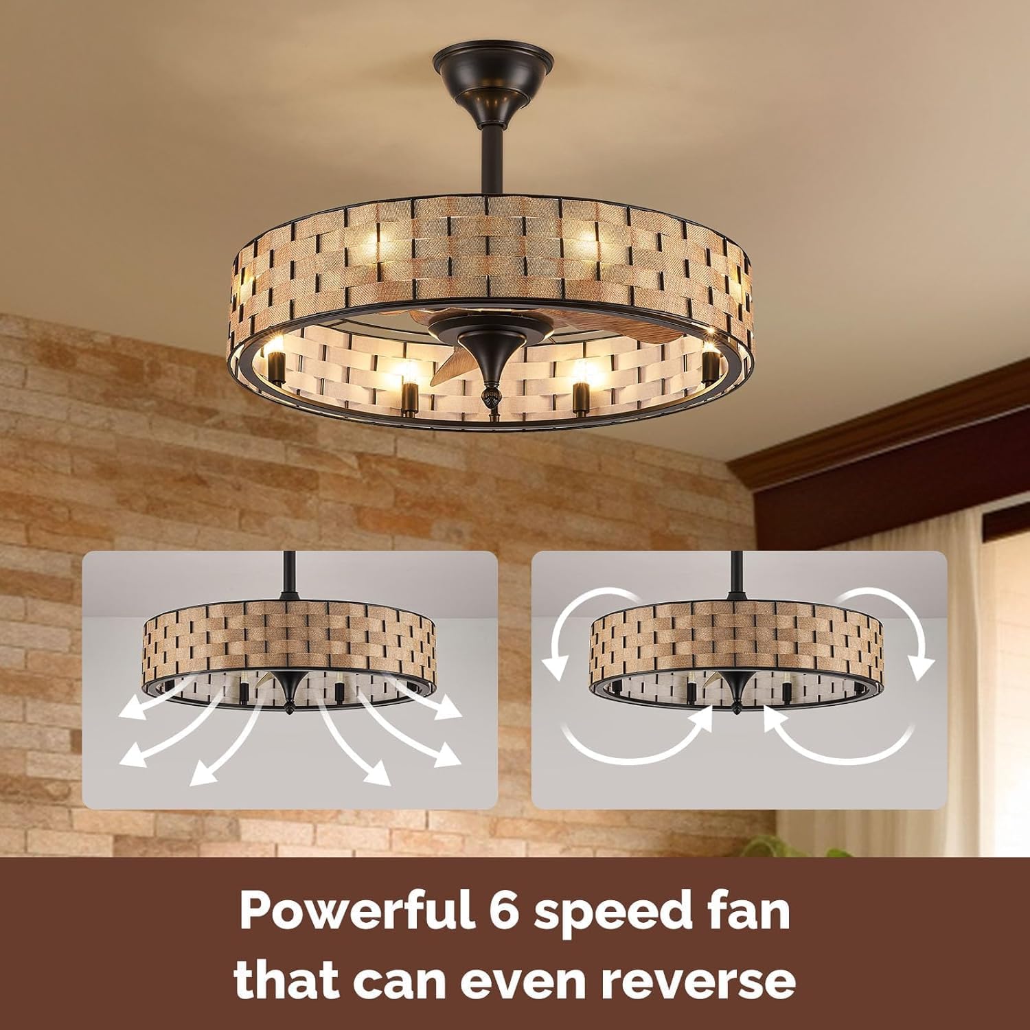 Orison 24' Caged Ceiling Fan with Lights, 2 Ways Control(App&Remote Control), Light Kit Included(8 Bulbs), Modern Farmhouse