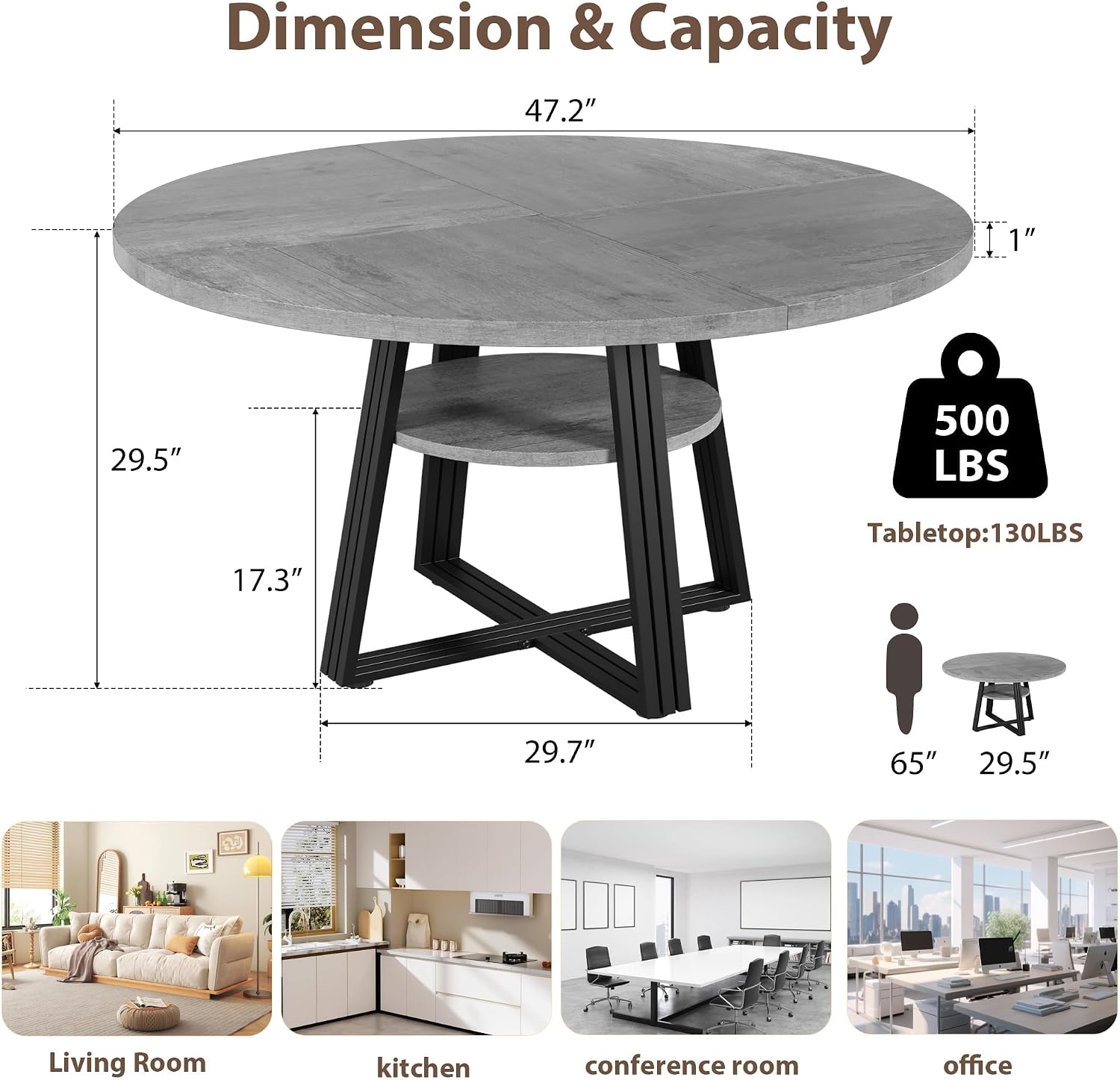 47.2 Inch Round Dining Table for 4-6 People - Farmhouse Kitchen Table with 2-Tier Storage Shelf & x-Shaped Metal Base, Circle Dinner Table for Dining Room, Living Room, Apartment（Grey）