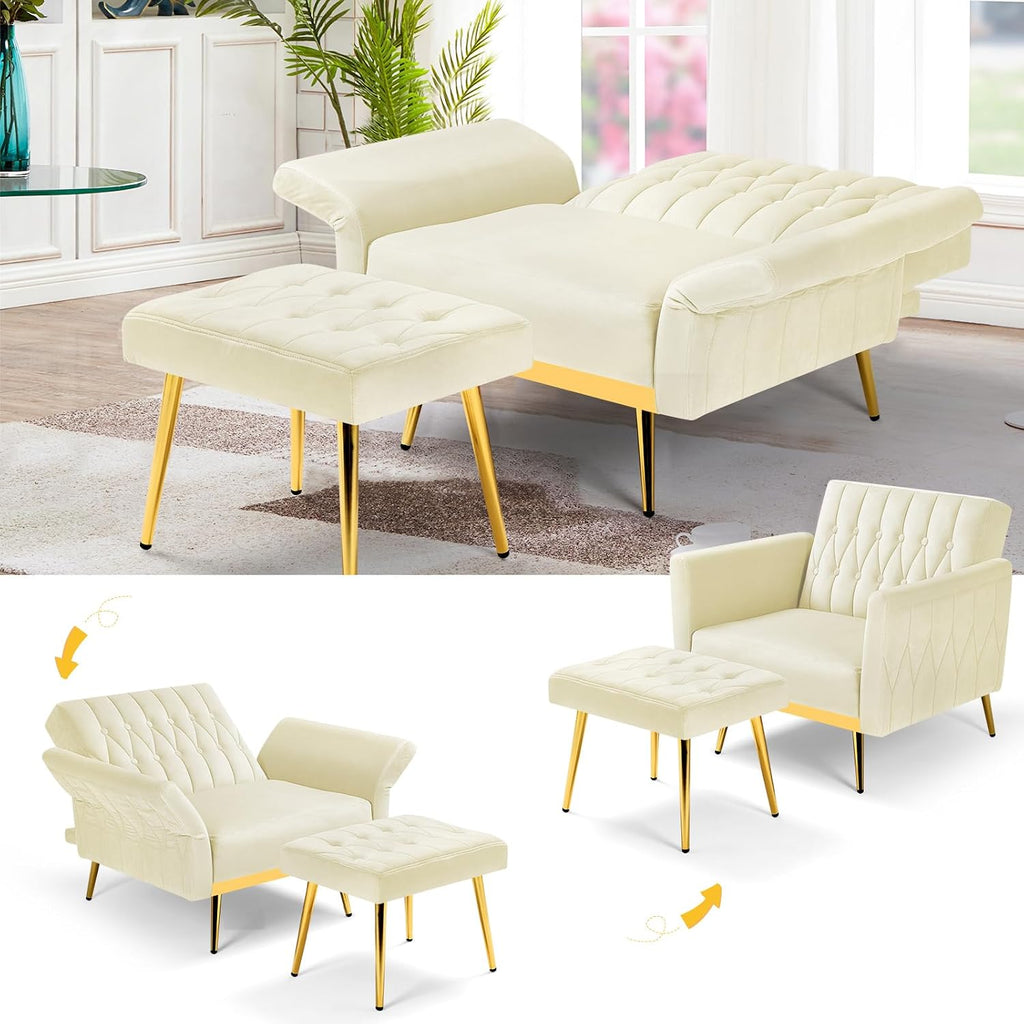 Velvet Accent Chair with Adjustable Armrests and Backrest, Button Tufted Lounge Chair, Single Recliner Armchair with Ottoman and Pillow for Living Room, Bedroom,Beige