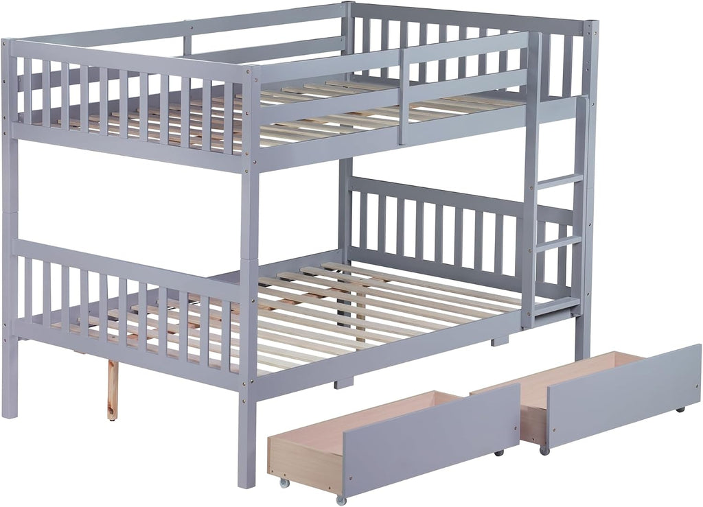 PVWIIK Full Over Full Wood Bunk Bed with 2 Drawers & Ladder for Adult Teenagers Kids Bedroom Dorm Guest Room,Convertible into 2 Full Beds Frame/Under Bed Space/No Box Spring Required,Grey