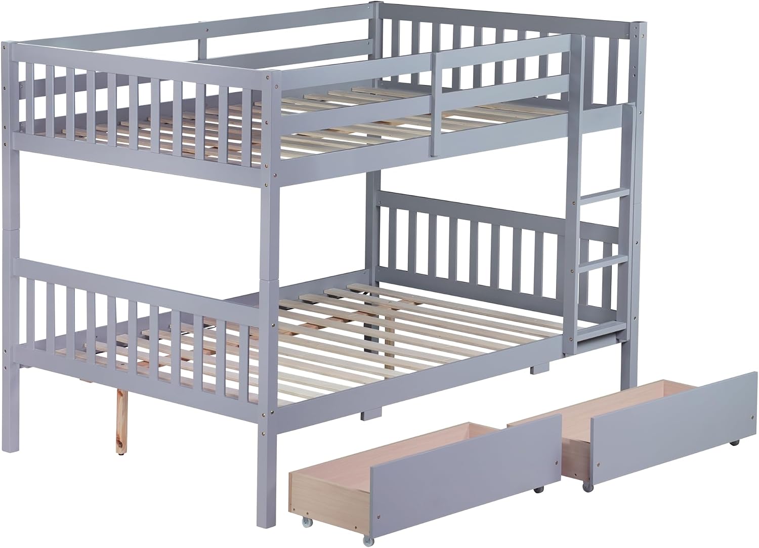 PVWIIK Full Over Full Wood Bunk Bed with 2 Drawers & Ladder for Adult Teenagers Kids Bedroom Dorm Guest Room,Convertible into 2 Full Beds Frame/Under Bed Space/No Box Spring Required,Grey