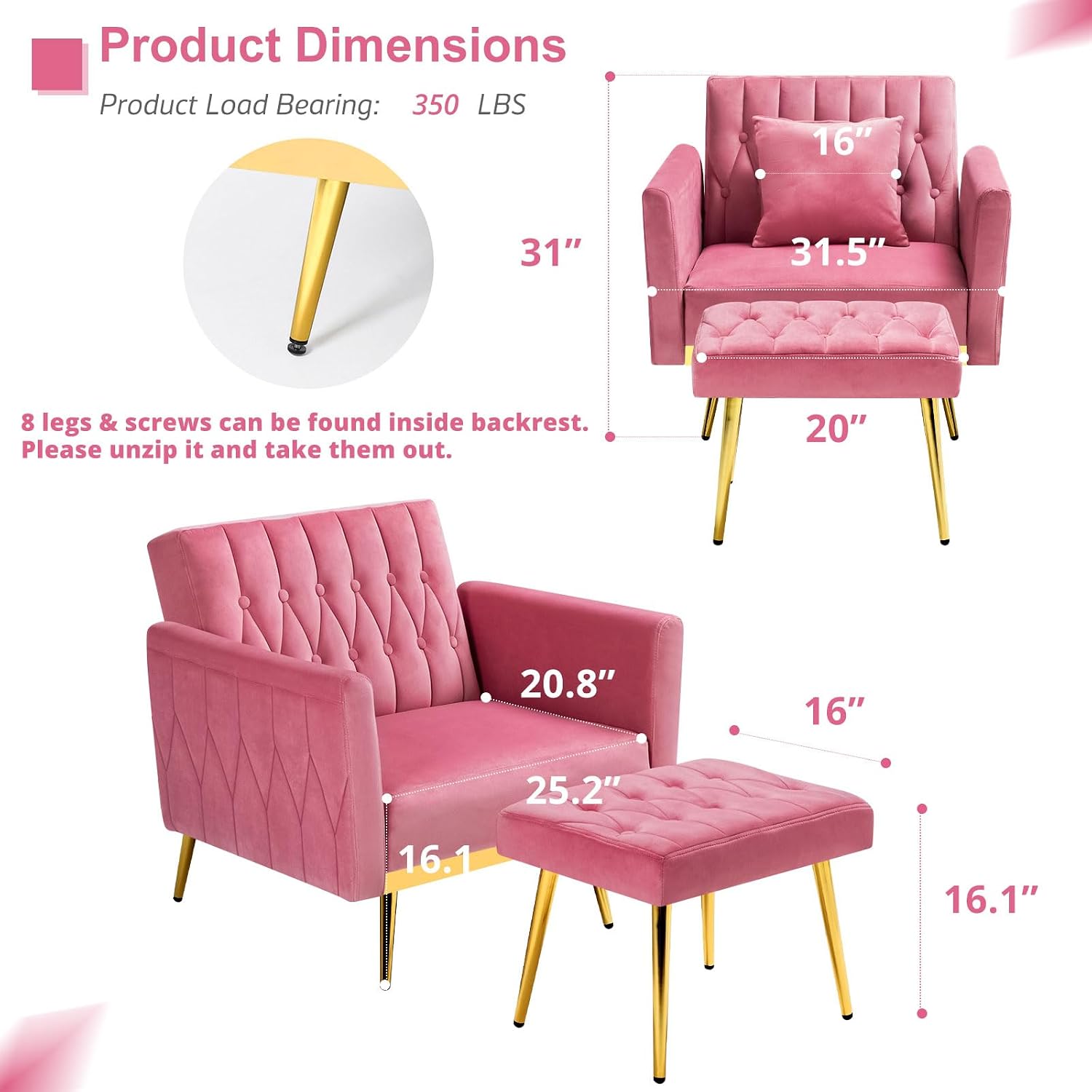Velvet Accent Chair with Adjustable Armrests and Backrest, Button Tufted Lounge Chair, Single Recliner Armchair with Ottoman and Pillow for Living Room, Bedroom, Pink