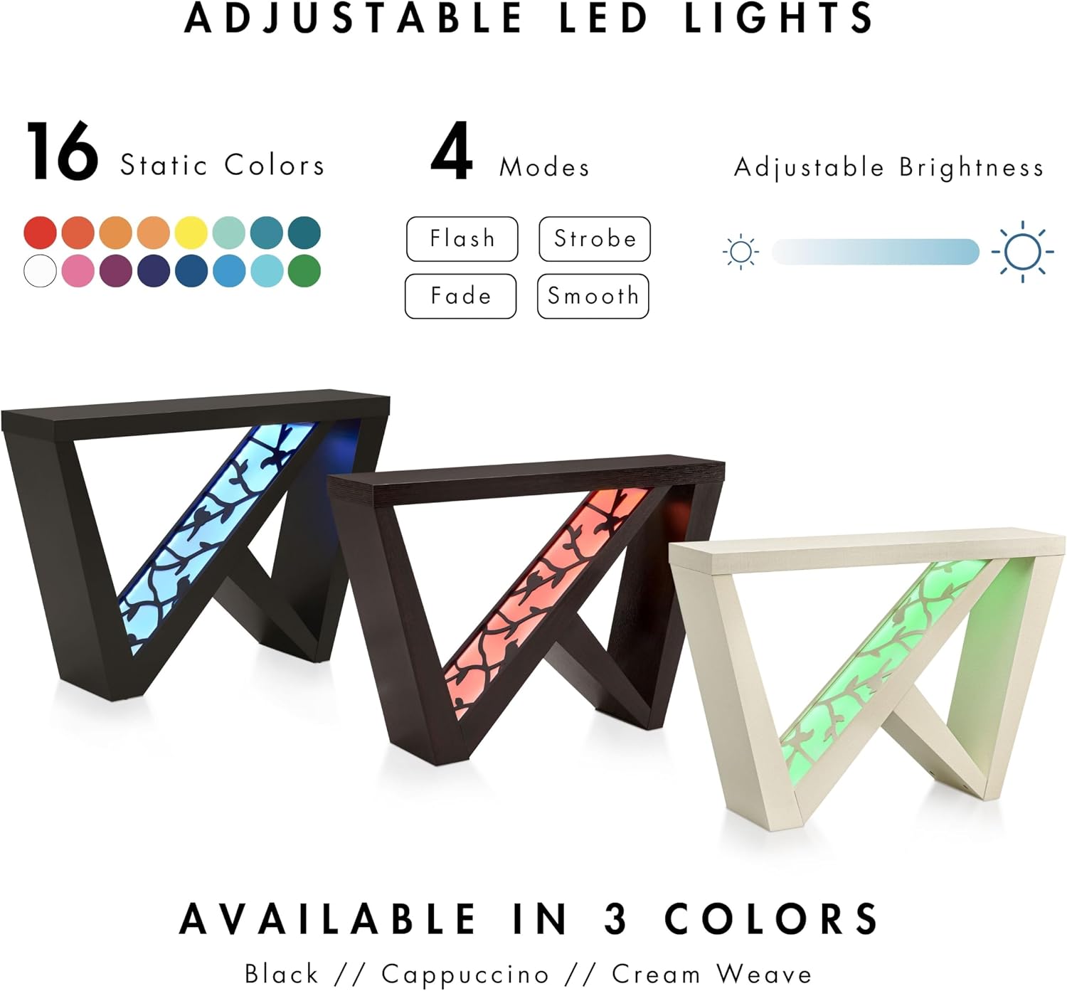 Homes: Inside + Out Naomi Modern Decorative Accent LED Console Table with W-Shaped Legs and Remote, Wood Entryway Furniture for Living Room, Hallway, Entrance, Small Spaces, Black