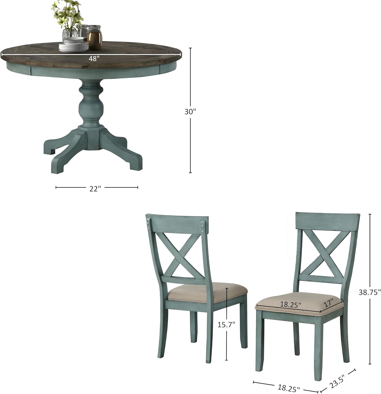 Roundhill Furniture Prato 5-Piece Round Dining Table Set with Cross Back Chairs, Antique Blue and Weathered Walnut