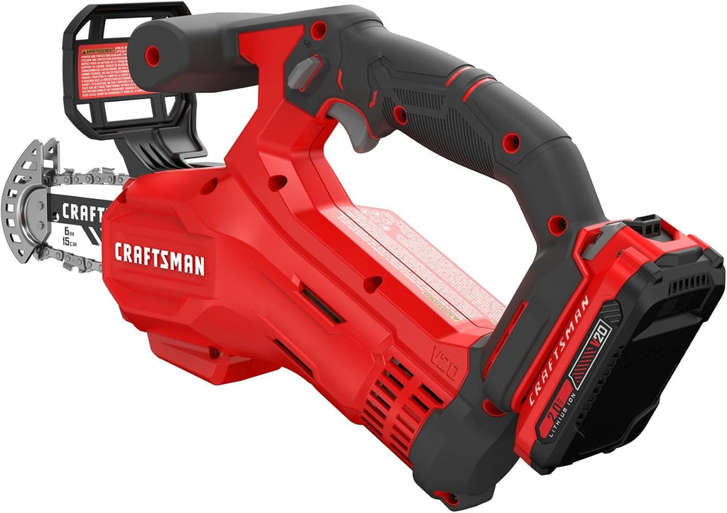 CRAFTSMAN V20 Mini Cordless Chainsaw, Pruning Saw, 6' Chain, Small Handheld Chainsaw, 2Ah Battery and Charger Included, Tree Trimming and Pruning, Compact and Lightweight (CMCCS320D1)
