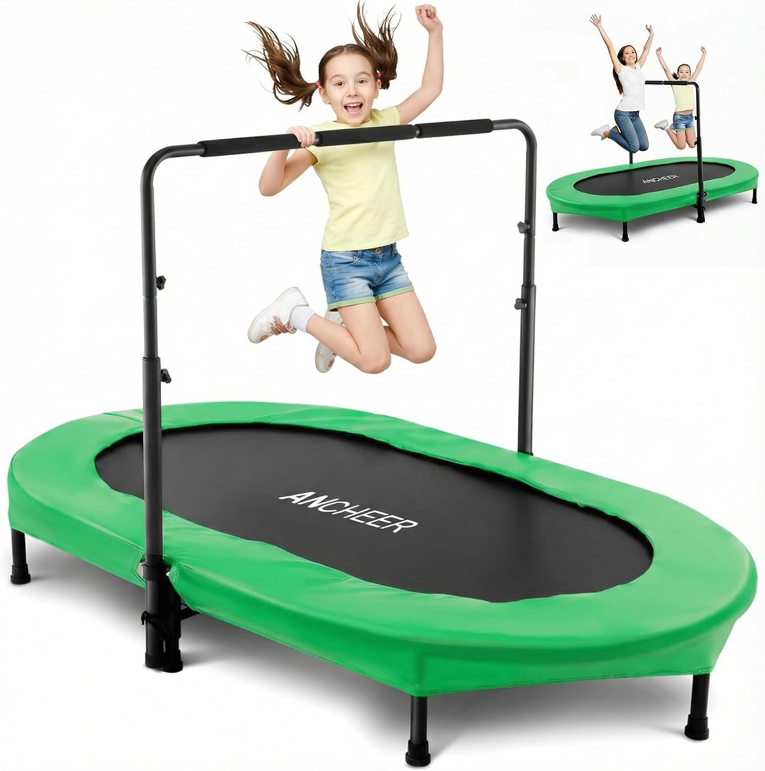 ANCHEER Trampoline for Kids, Toddler Trampoline Indoor Sports and Outdoor Games 56' Kids Rebounder 220LBS Capacity with Adjustable Safety Handrail Foldable Jumper for Boys and Girls