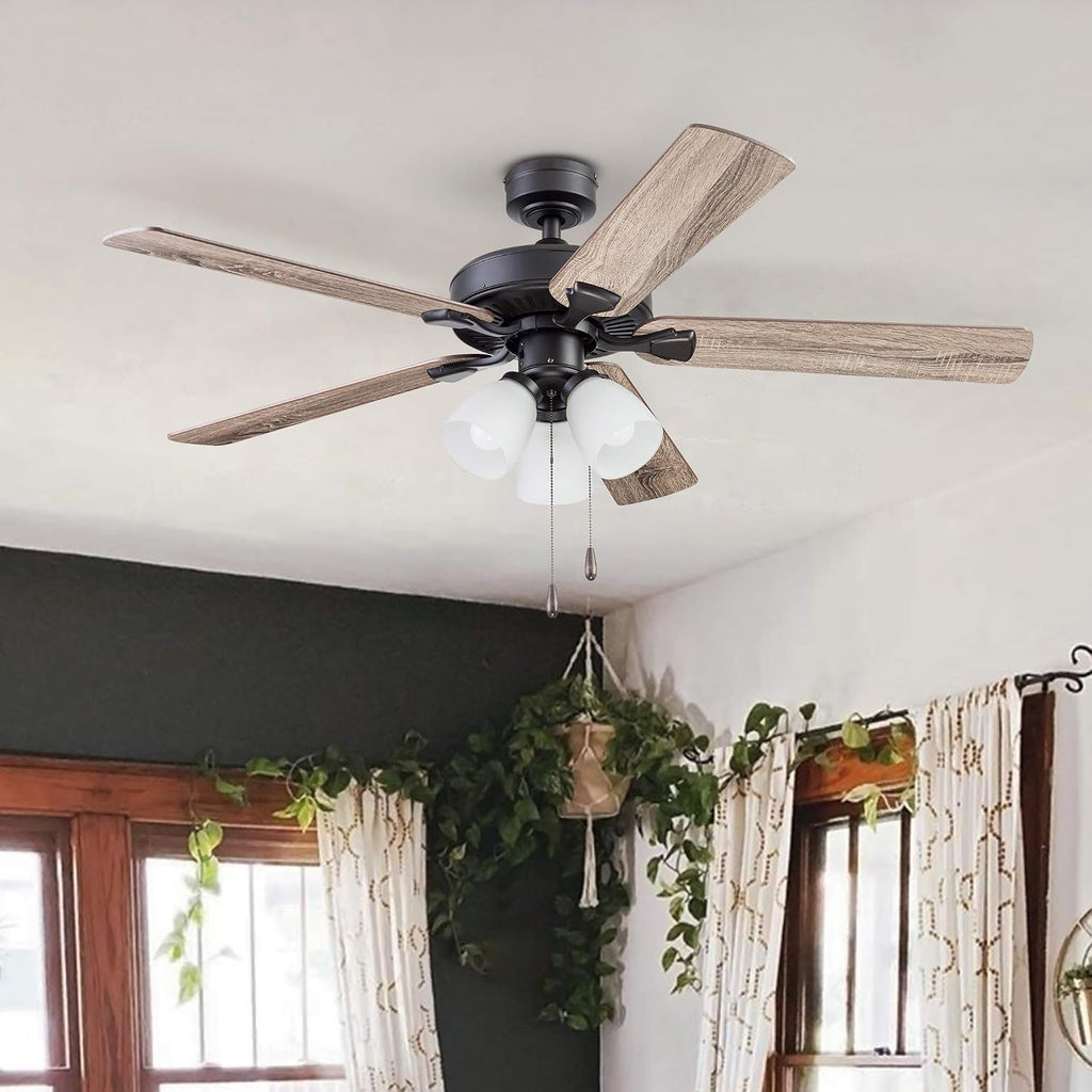 Portage Bay Ceiling Stannor 52' Bronze Indoor Fan with Frosted 3 Light LED Multi Arm E26/A15 Bulb and Pull-Chains, Traditional Style, 5 Reversible Barnwood/Northern Ebony Blades, 51434