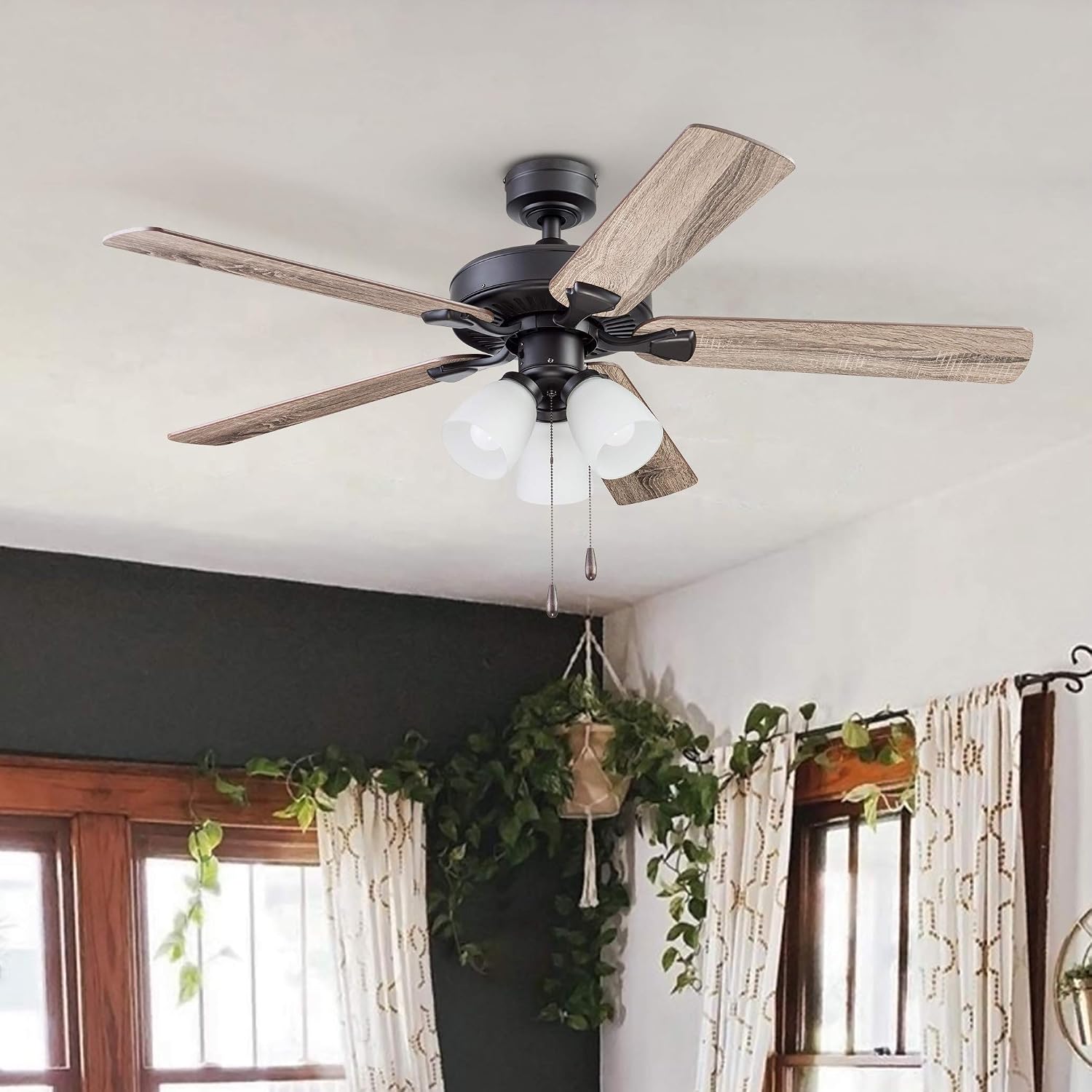 Portage Bay Ceiling Stannor 52' Bronze Indoor Fan with Frosted 3 Light LED Multi Arm E26/A15 Bulb and Pull-Chains, Traditional Style, 5 Reversible Barnwood/Northern Ebony Blades, 51434