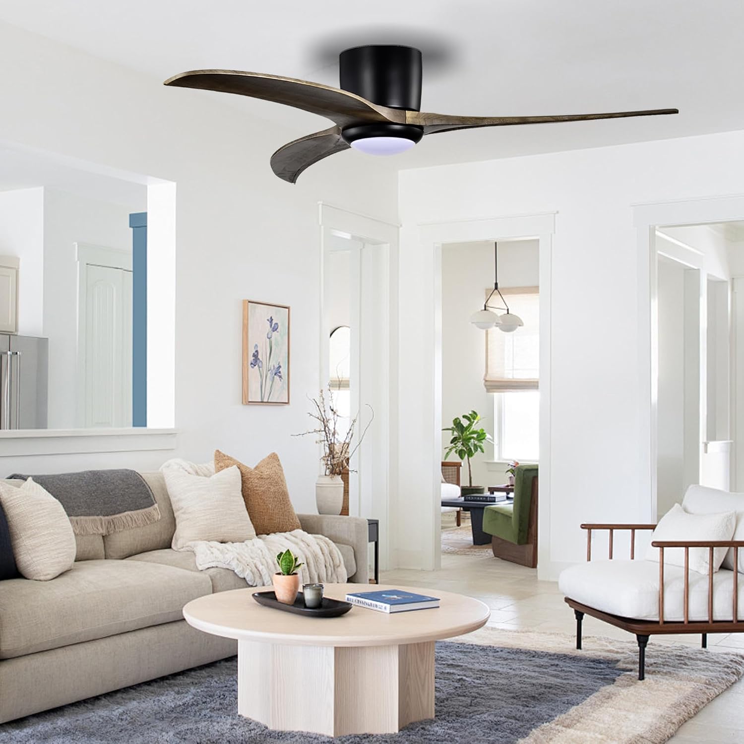 52'' Modern Dimmable Chandelier Fan with Light, Low Profile Flush Mount Ceiling Fan Wooden Fandelier with Remote Reversible DC Motor Ceiling Fan for Bedroom Living Room (Black)