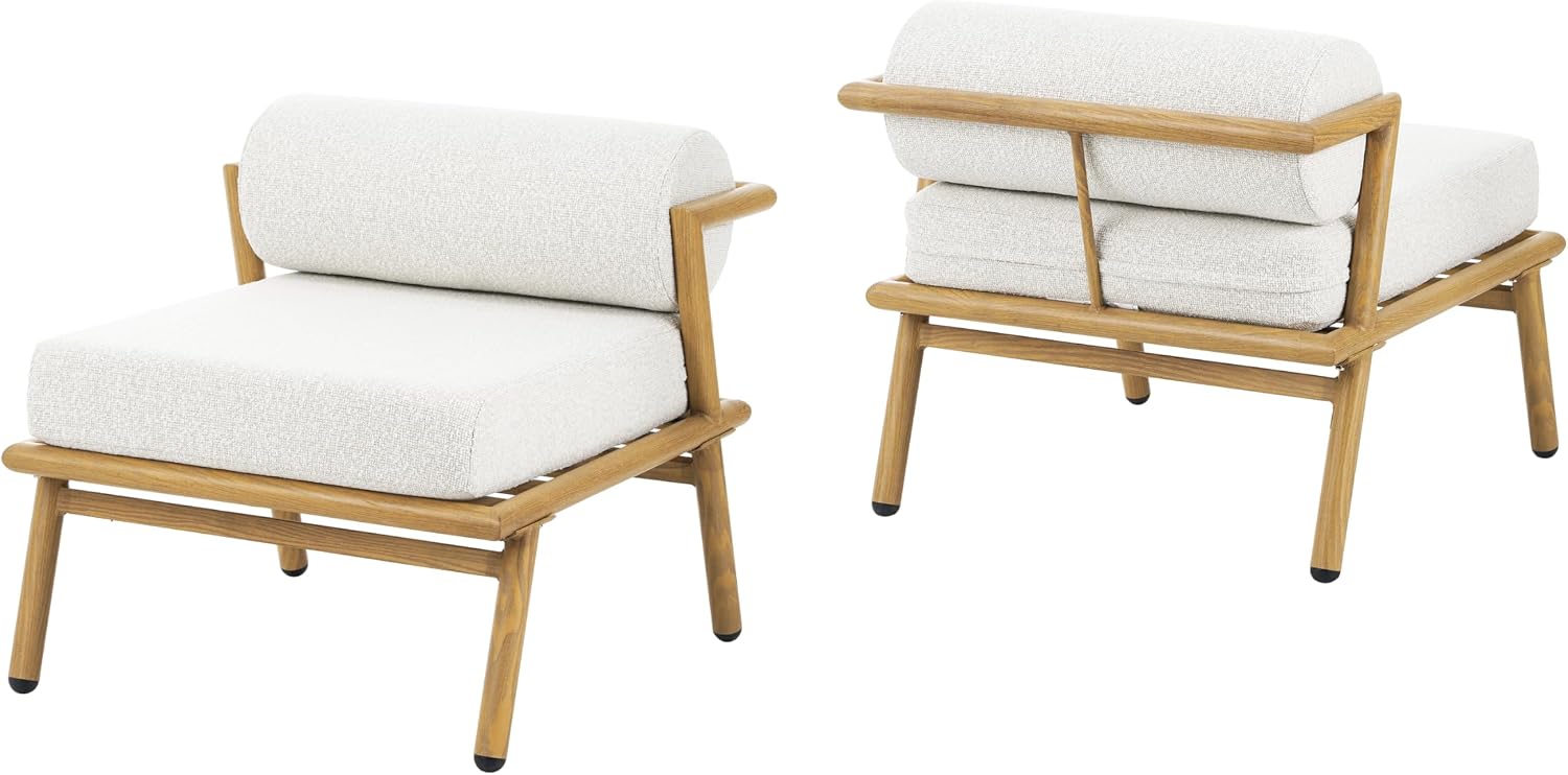 Christopher Knight Home Dessa Patio Accent Chairs Set of 2, Wood-Like Club Chairs, Boucle Lounge Chair, Upholstered Armless Chair, Iron Frame Stable Seating for Garden Poolside Backyard, White+Teak
