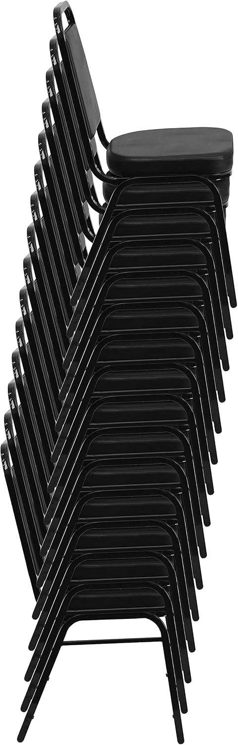 Flash Furniture Hercules Set of 4 Trapezoidal Vinyl Stacking Chairs, Commercial Stackable Chairs with Padded Seats and Backs, Black