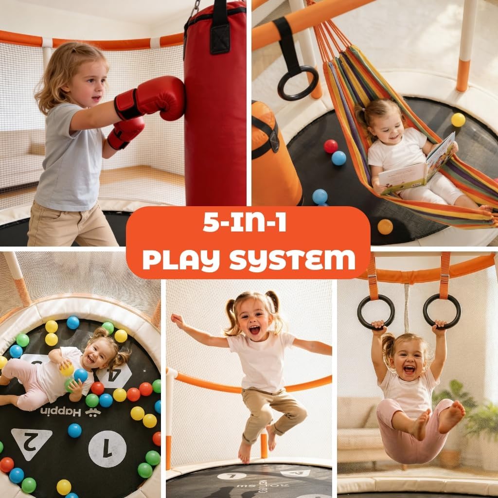 Happin® 55'' Trampoline for Kids with Safety Enclosure, Indoor & Outdoor Toddler Trampoline, Ultra Safe Design with Multi Activity Accessories, Perfect Toddler Gift for Boys & Girls Ages 1–8