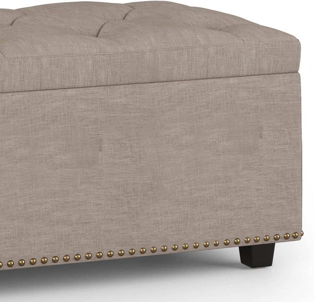 SIMPLIHOME Hamilton 44 inch Wide Traditional Rectangle Lift Top Rectangular Storage Ottoman in Natural Linen Look Fabric, Assembled, For the Living Room, Entryway and Family Room