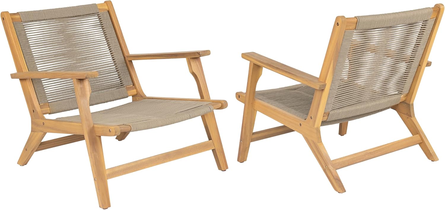 Christopher Knight Home Veera Patio Chair Set of 2 with Acacia Wood Frame and Handwoven Rope, Outdoor Lounge Chair, Stylish Outdoor Accent Chair for Garden/Deck/Backyard, Beige + Light Teak