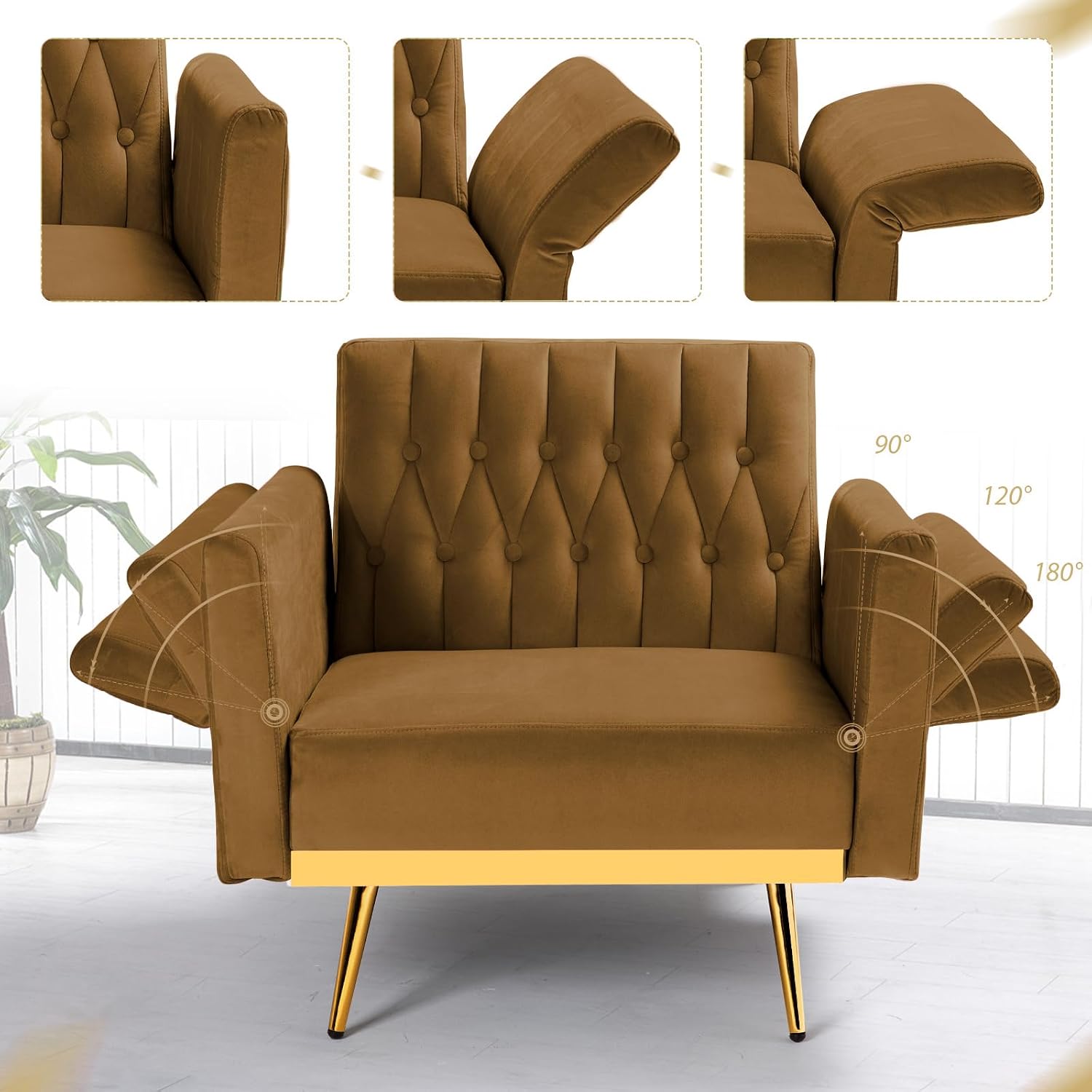 Velvet Accent Chair with Adjustable Armrests and Backrest, Button Tufted Lounge Chair, Single Recliner Armchair with Ottoman and Pillow for Living Room, Bedroom, Brown