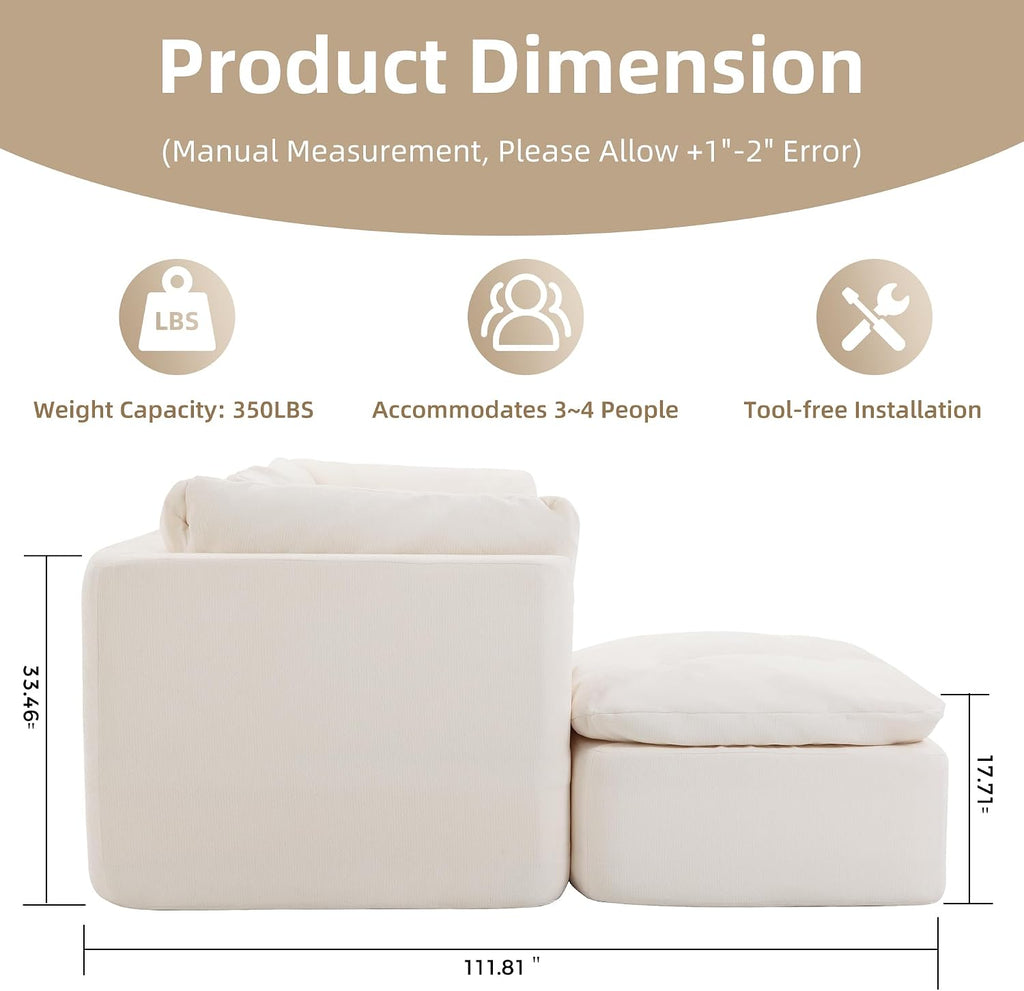 Tufted Cushions Cloud Sectional Boneless Sectional Sofa with Movable Ottoman, 112' Oversized Modular Convertible L Shaped Corner Couch with Deep Seat,Memory Foam Compressed Sofa