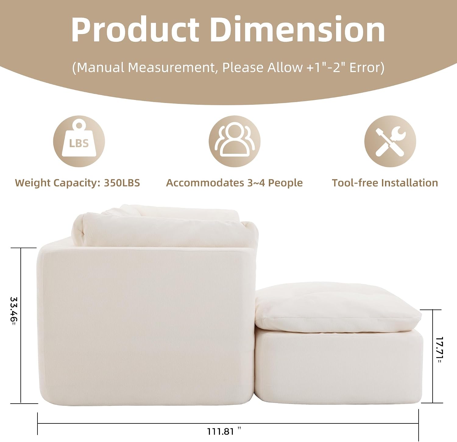 Tufted Cushions Cloud Sectional Boneless Sectional Sofa with Movable Ottoman, 112' Oversized Modular Convertible L Shaped Corner Couch with Deep Seat,Memory Foam Compressed Sofa