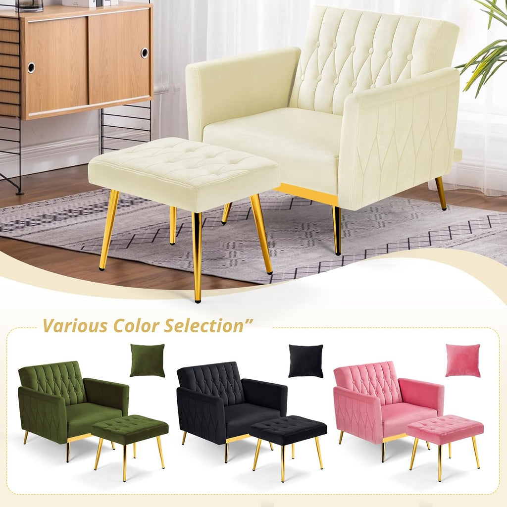 Velvet Accent Chair with Adjustable Armrests and Backrest, Button Tufted Lounge Chair, Single Recliner Armchair with Ottoman and Pillow for Living Room, Bedroom,Beige