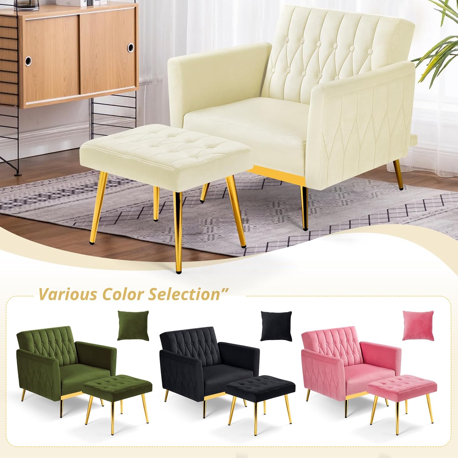 Velvet Accent Chair with Adjustable Armrests and Backrest, Button Tufted Lounge Chair, Single Recliner Armchair with Ottoman and Pillow for Living Room, Bedroom,Beige