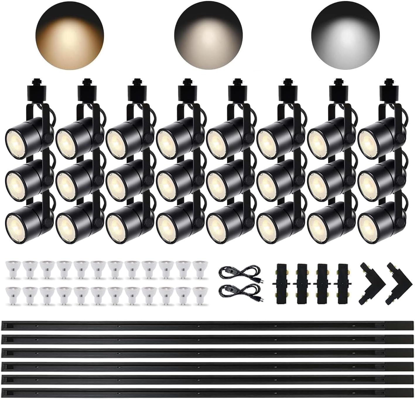 Black Dimmable LED Track Lighting Kit, 3CCT 10W Track Lights Heads 3000K/4000K/6000K Adjustable with 29.52FT H-Type Track Light Rails 24PCS Ceiling Spotlight Fixture Replaceable GU10 Bulbs