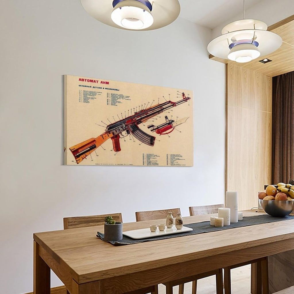 Vintage Kalashnihov Assault Rifle Gun AK-47 Modified Structure Chart Military Collection Home Office Canvas Wall Art Print Are Used For Room Aesthetics And Decoration 24x36inch(60x90cm)