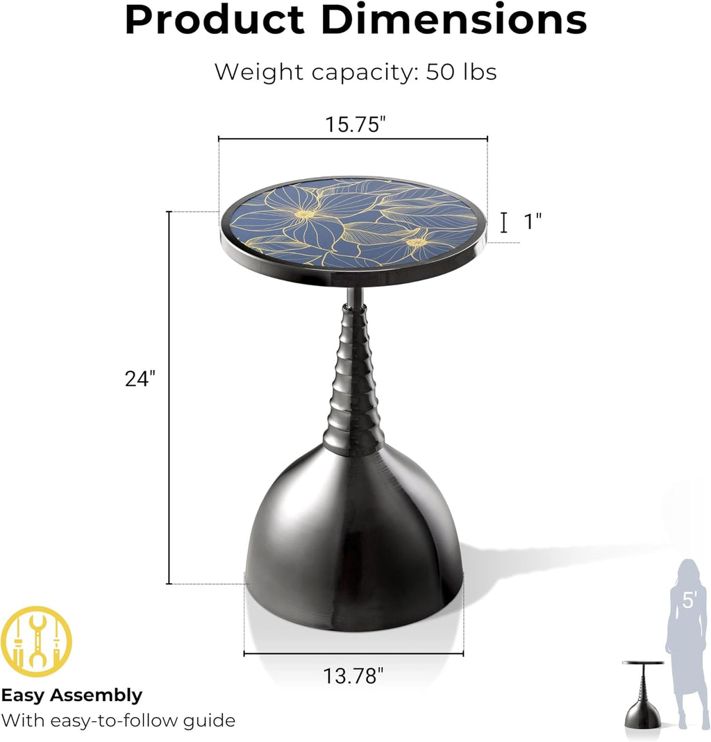 Homes: Inside + Out Halric Modern 24' Tall Round End Table with Decorated Tabletop and Iron Metal Base, Accent Furniture, Elegant Pedestal Stand for Living Room, Home Office, Black with Floral Print